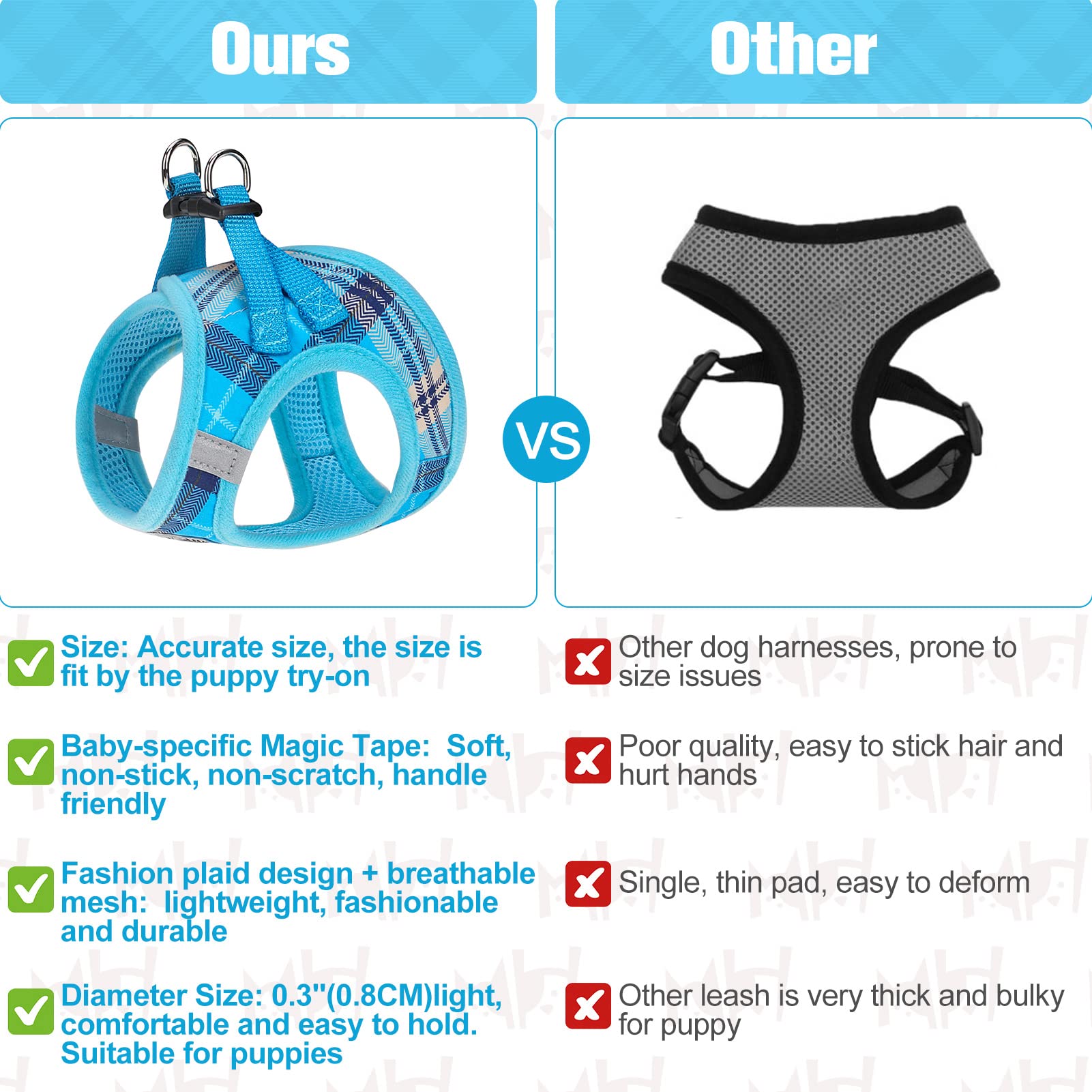 BEAUTYZOO No-Pull Step-in Dog Harness and Leash Set - Soft Mesh Reflective Vest for Small/XS Dogs & Cats - Breathable Plaid Design (Blue, Size S) - Perfect for Walking, Training & Outdoor Adventures