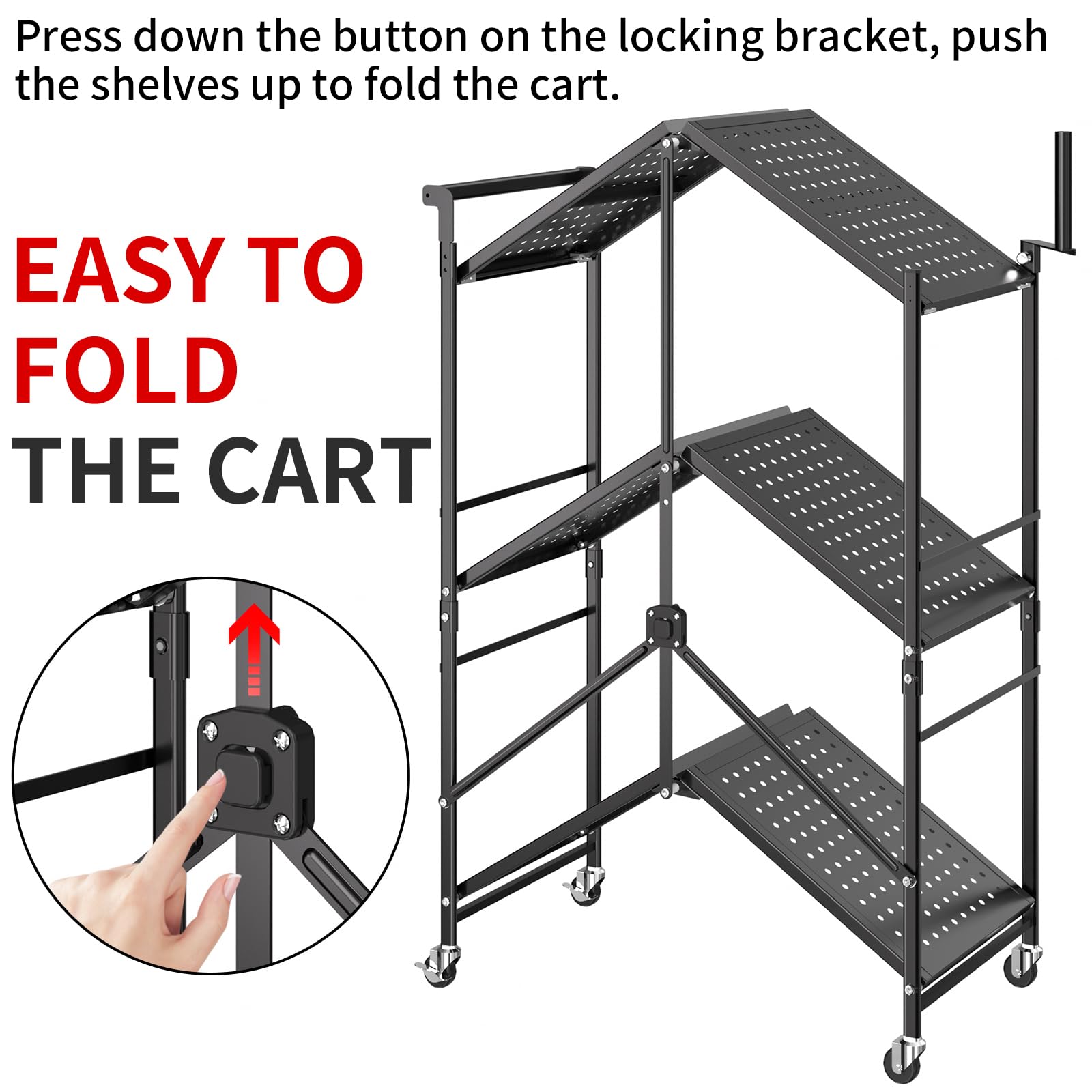 Foldable 3-Tier Outdoor Grill Cart with Locking Casters - Portable BBQ Table, Pizza Oven Stand & Folding Kitchen Island for Patio, Backyard & Camping - Black