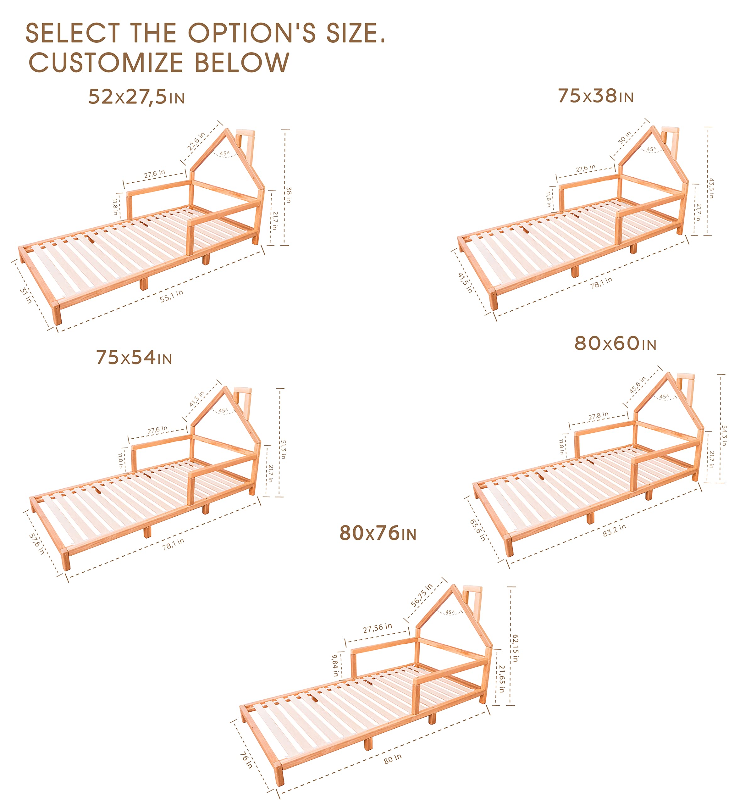 Montessori Toddler Bed - Twin/Full/Queen Size Floor Bed with Safety Rails - Solid Wood House Bed Frame for Kids - Safe & Stylish Toddler Bedroom Furniture (Model 3) - Perfect for Montessori Rooms, Daycare Centers & Cozy Kids' Bedrooms