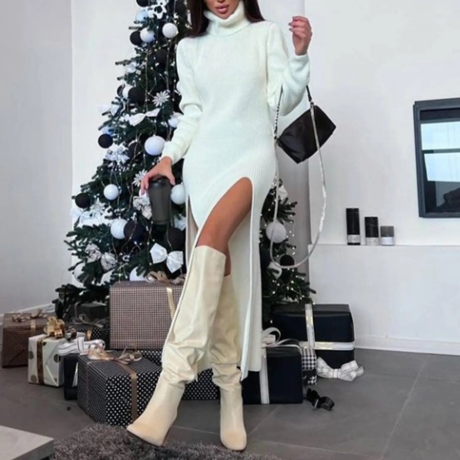 Elegant Women's Long Sleeve Turtleneck Knit Sweater Dress with High Slit - Soft Woolen Bodycon Dress for Party, Date Night & Winter Fashion