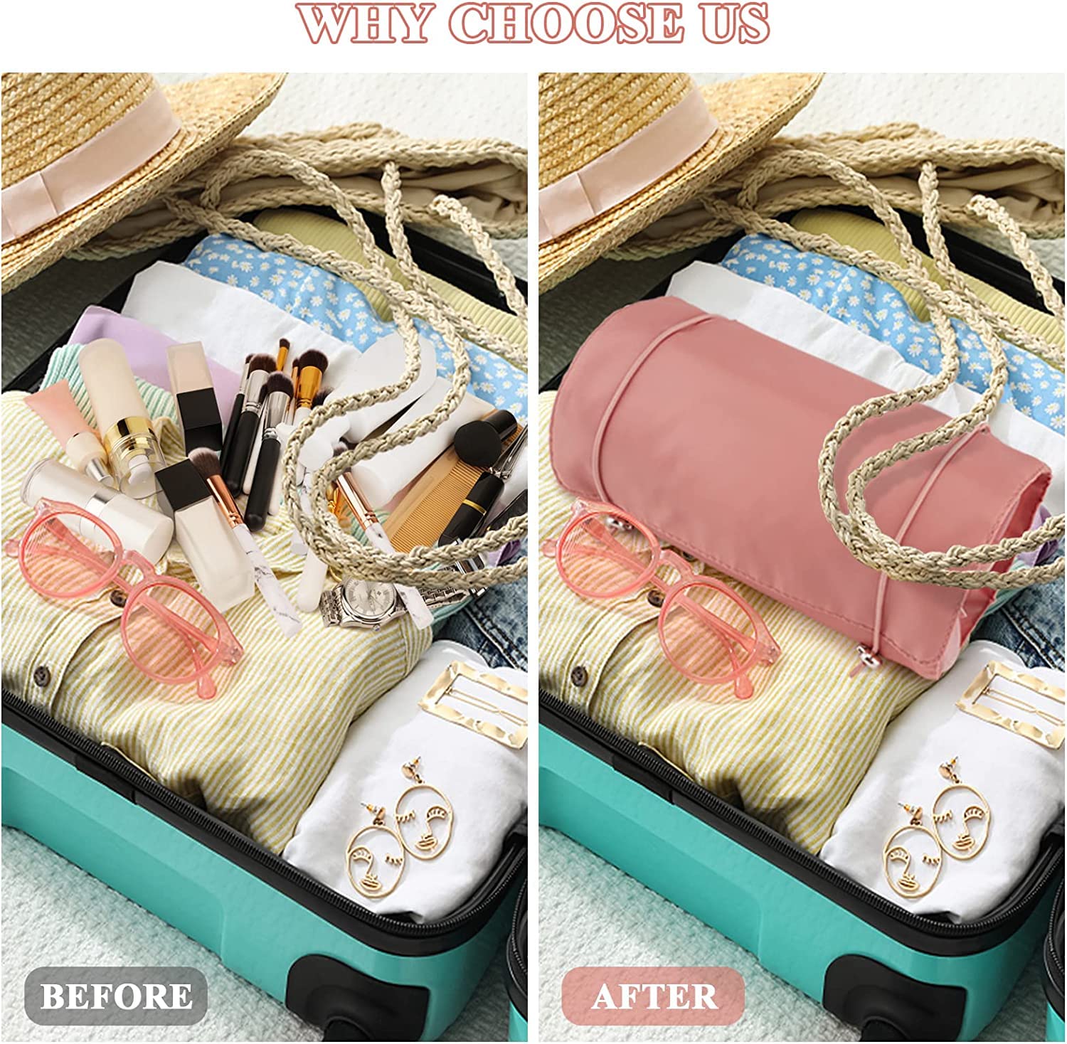 Spellwish 4-in-1 Detachable Hanging Cosmetic Bag - Portable Travel Toiletry Organizer with Separate Compartments, Roll Up Design for Makeup & Bathroom Essentials (Pink) - Perfect for Shower, Gym, Camping & Vacation Packing