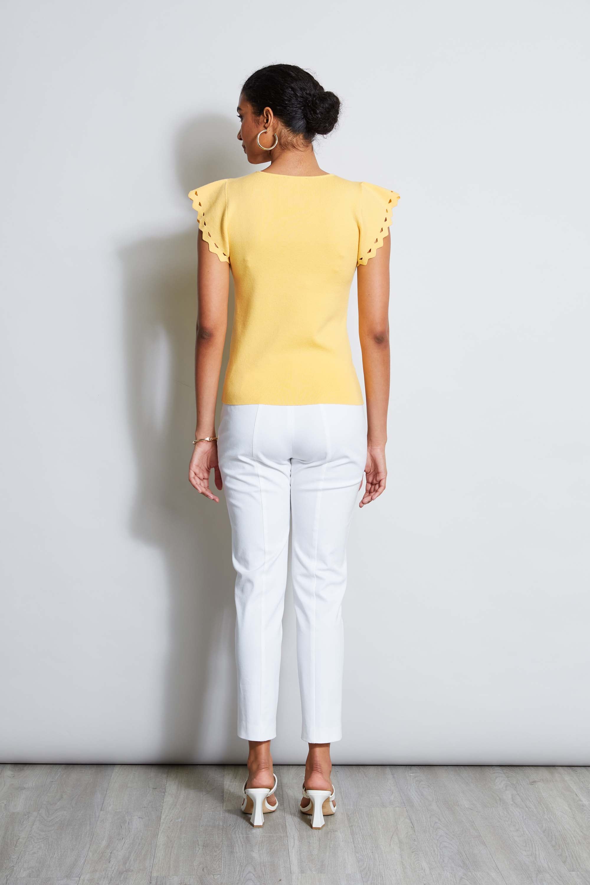 Tahari Women's Laser Cut Flutter Sleeve Sweater - Elegant Knit Top for Work, Date Night & Fall Layering | Soft Comfortable Pullover for Office & Casual Outfits