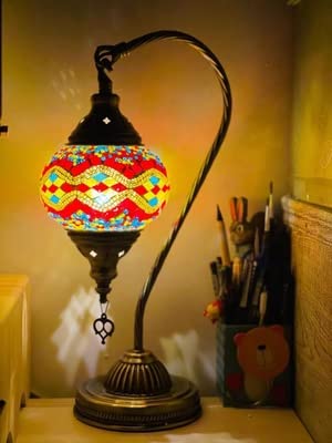 XINDAR Turkish Mosaic Table Lamp - Moroccan Glass Swan Neck Tiffany Bedside Night Light in Red | Perfect for Bedroom, Living Room & Office Decor