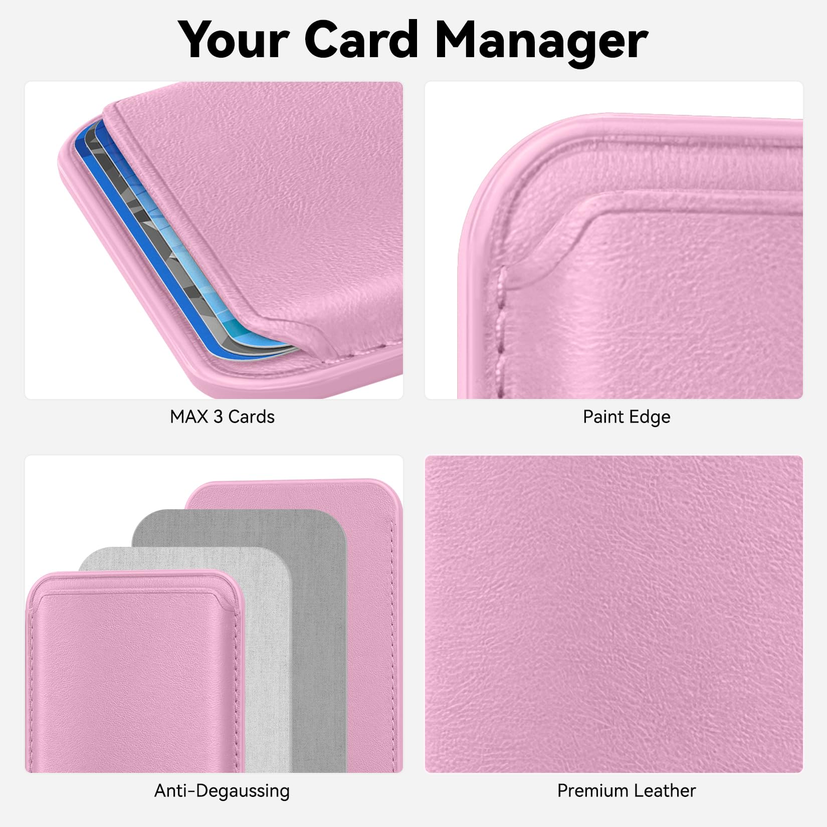 Magnetic Wallet for iPhone 15/14/13/12 Pro/Max - RFID Blocking Leather Card Holder with Strong MagSafe Sticker - Pink | Slim Phone Case Accessory for Everyday Carry, Travel & Contactless Payments
