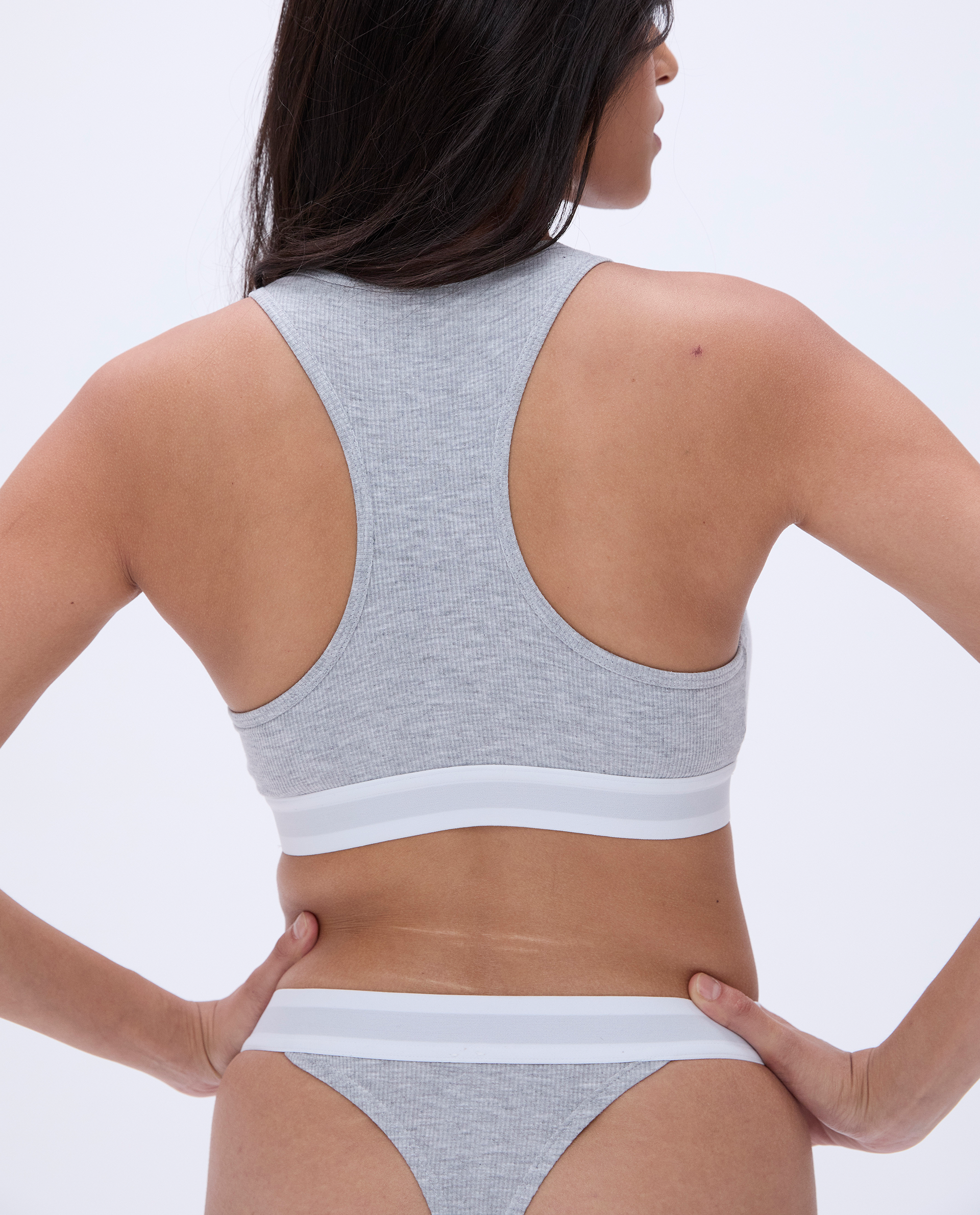 Branded Ribbed Racer Bra - Grey Melange Sports Bra for Women | High Support Workout Top for Running, Yoga & Gym