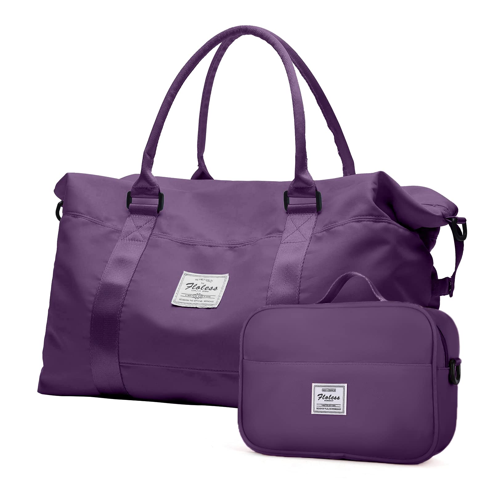 Dark Purple Travel Duffel Bag with Toiletry Pouch - Waterproof Sports Gym Tote & Shoulder Weekender Overnight Bag for Women - Perfect for Gym, Travel, Weekend Getaways & Business Trips