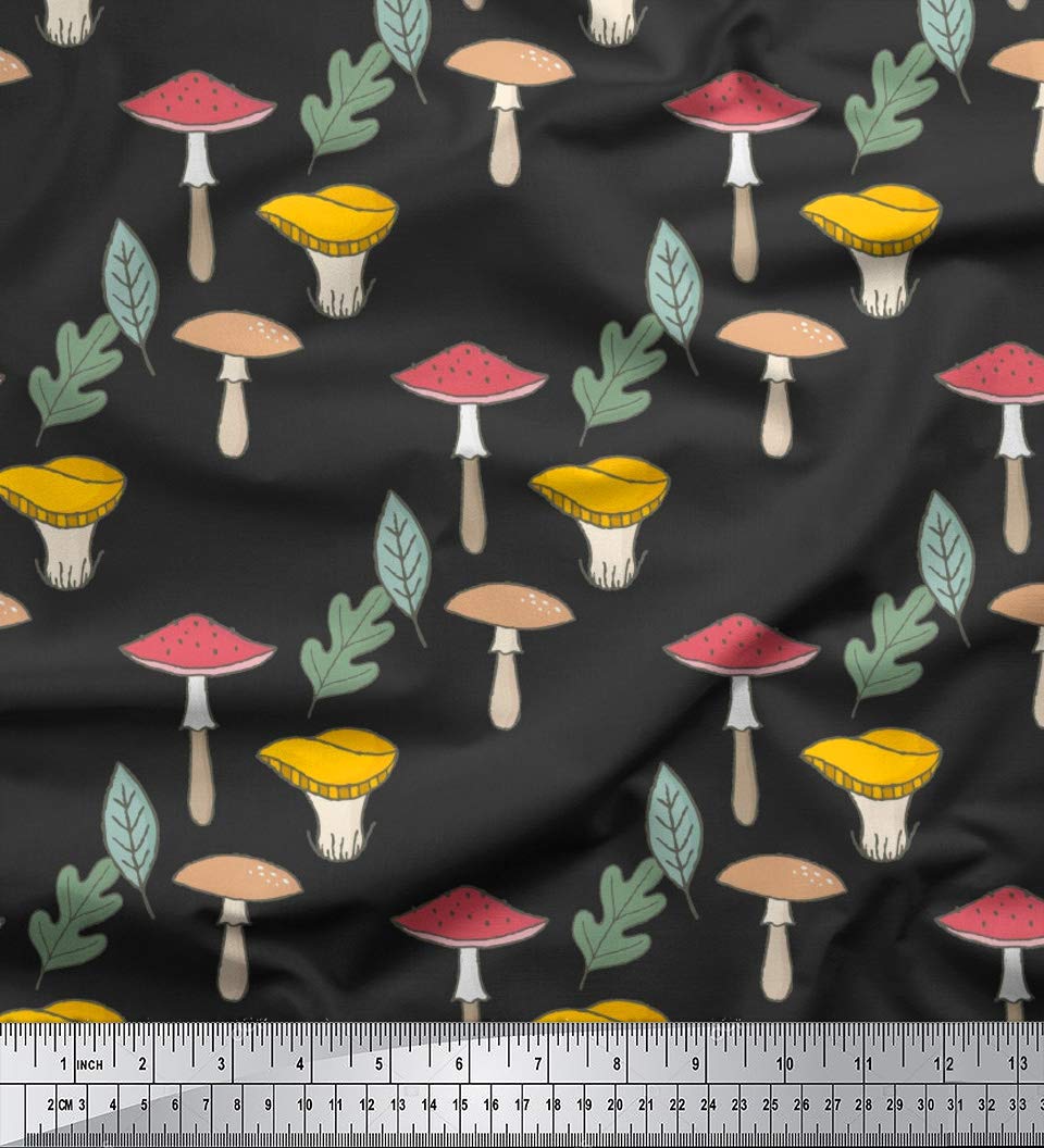 Soimoi 100% Cotton Poplin Fabric - Gray Leaves & Mushroom Botanical Print - 56