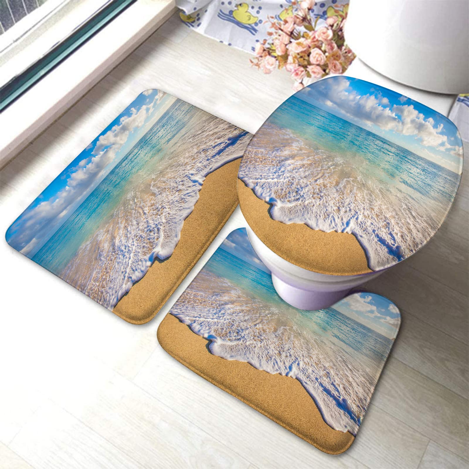 3-Piece Non-Slip Bathroom Rugs Set - Absorbent Washable Bath Mats with Hawaiian Seascape Design for Bathroom Floor | Perfect for Coastal Decor, Beach House, or Tropical-Themed Bathrooms