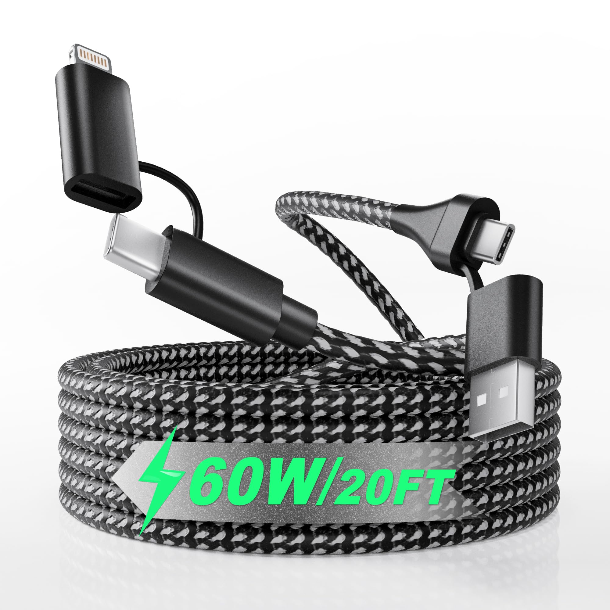4-in-1 Fast Charging MFi Certified USB C Cable - 60W 20FT Nylon Braided Lightning Cable for iPhone iPad - Multi-Port Charger with Lightning/Type C/USB A - Perfect for Home, Office & Travel Charging Needs
