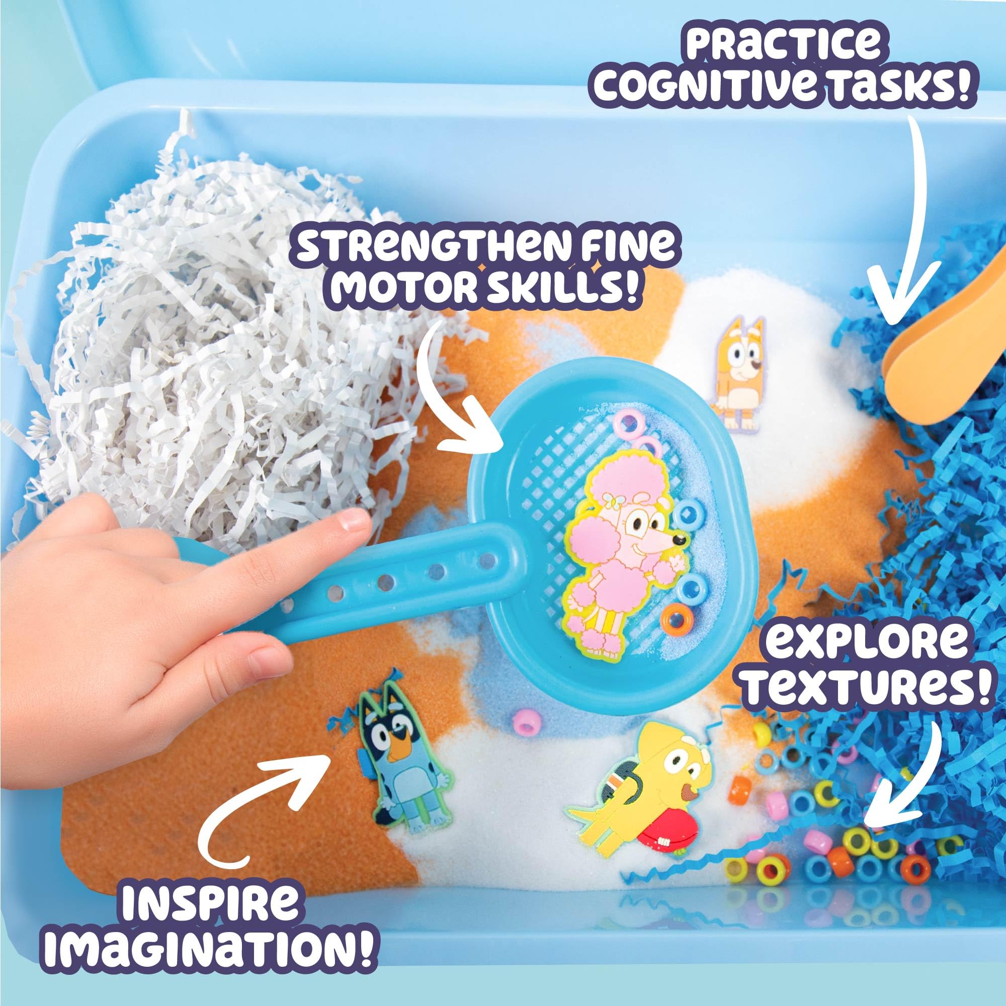 Official Bluey Seek & Find Sensory Bin - Ready-to-Use Sensory Toys for Kids Ages 3-4 with Lid, Play Sand, Scoops & Tongs | Exclusive Bluey Character Toys | Perfect for Preschool Learning, Fine Motor Skills Development & Sensory Play Activities at Home or Classroom