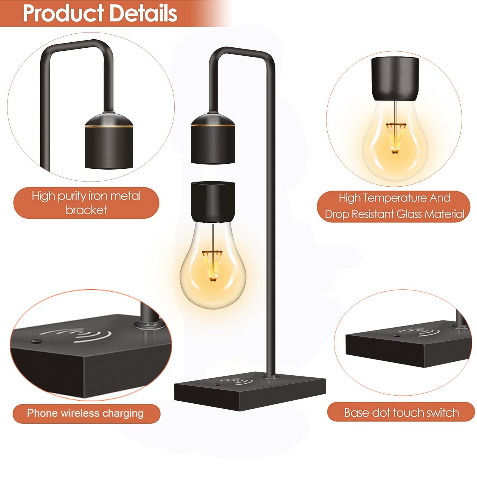 Magnetic Levitating Light Bulb with Wireless Charging - Floating LED Desk Lamp for Bedroom, Office & Night Light | Compatible with iPhone & Android | Modern Home Decor & Unique Gift Idea