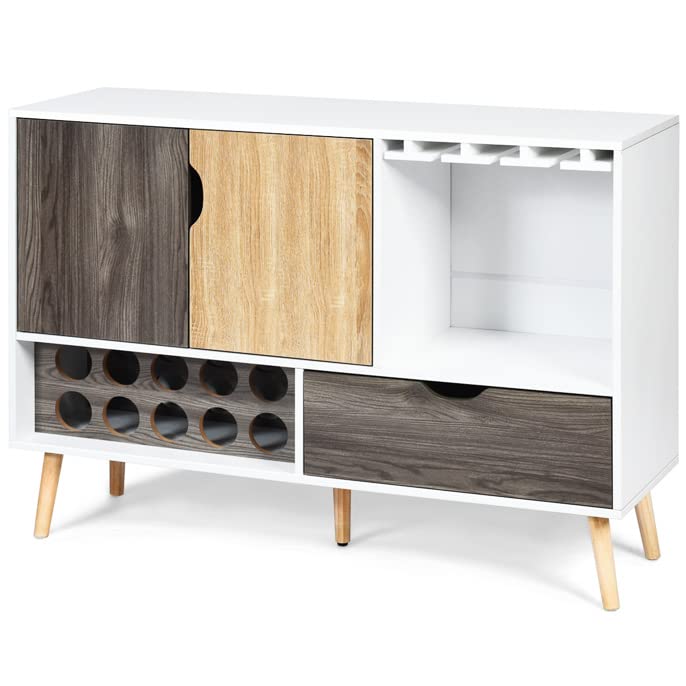 Buffet Sideboard with 10-Bottle Wine Rack & Glass Shelves - Kitchen Storage Cabinet with Drawer & Door Shelf - Perfect for Dining Room, Living Room & Kitchen Organization