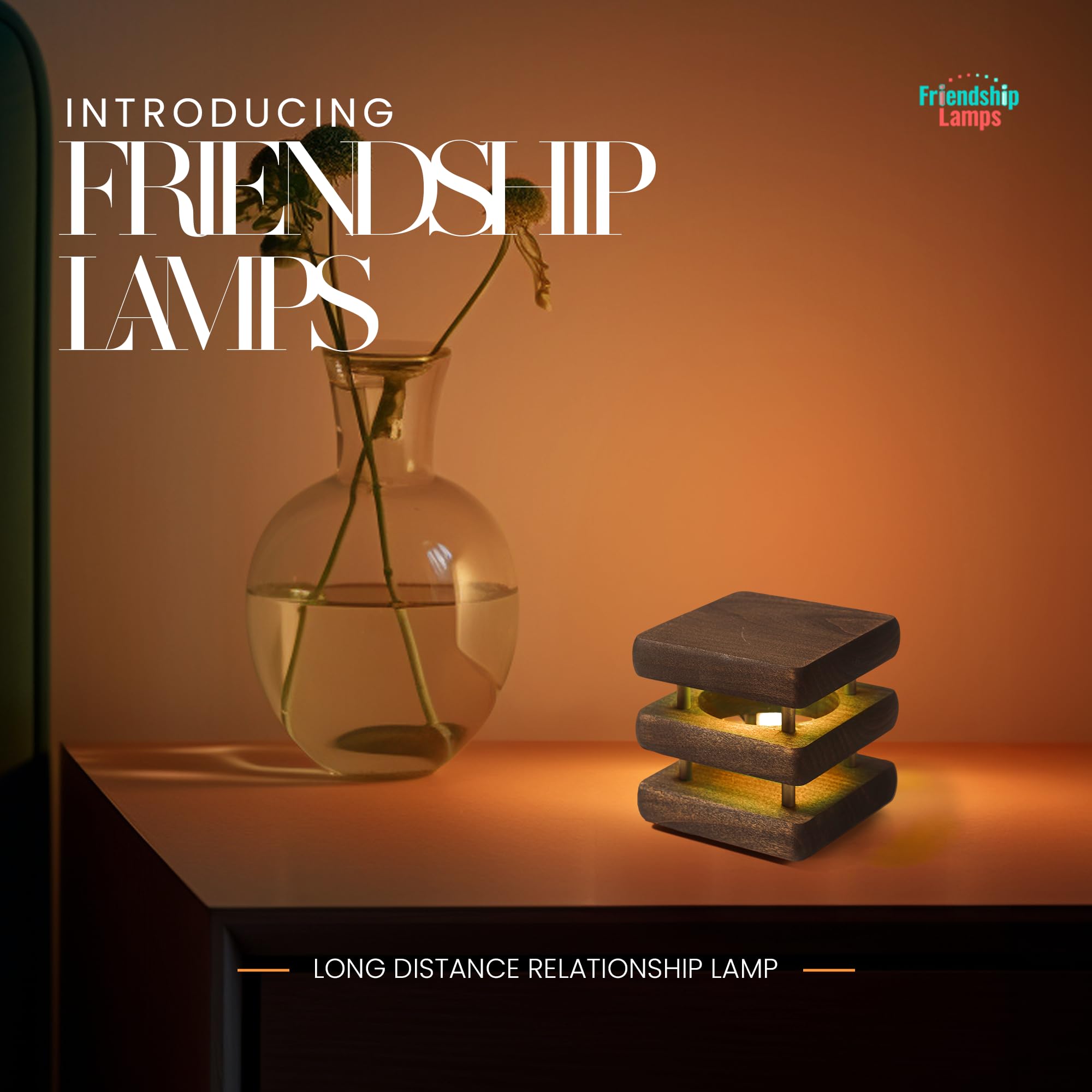 Friendship Lamp Mini Square Mid-Century Handmade WiFi Touch LED Light - Long Distance Connection Gift for Best Friends, Couples & Relationships | Unique App-Controlled Night Light for Bedroom, Living Room & Gifts (Kona Set of 2)