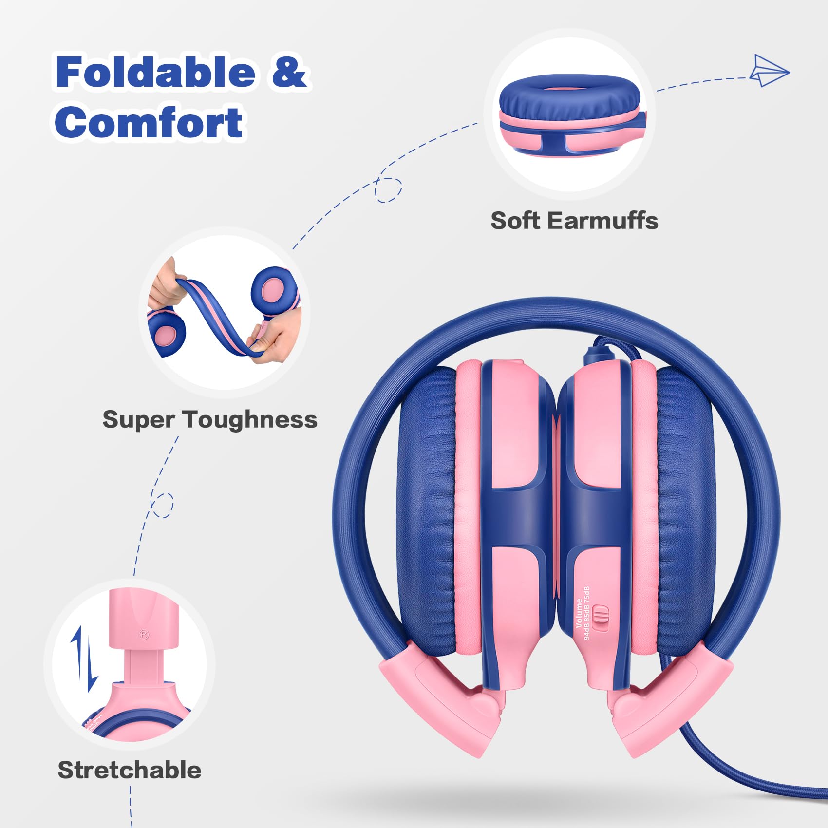 SIMOLIO Volume Limited Kids Headphones with Microphone & Share Port - 75-85-94dB Safe Sound Level, Wired Children Headset for Boys Girls - Perfect for School, Travel, Online Learning & Gaming
