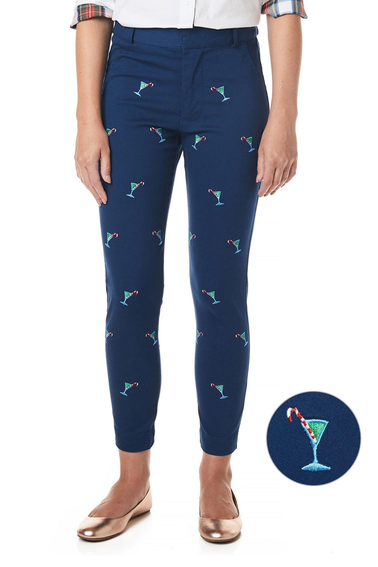 Stretch Twill Ankle Capri Pants in Nantucket Navy & Martini Candy Cane - Comfortable Women's Casual Pants for Work, Travel & Everyday Wear