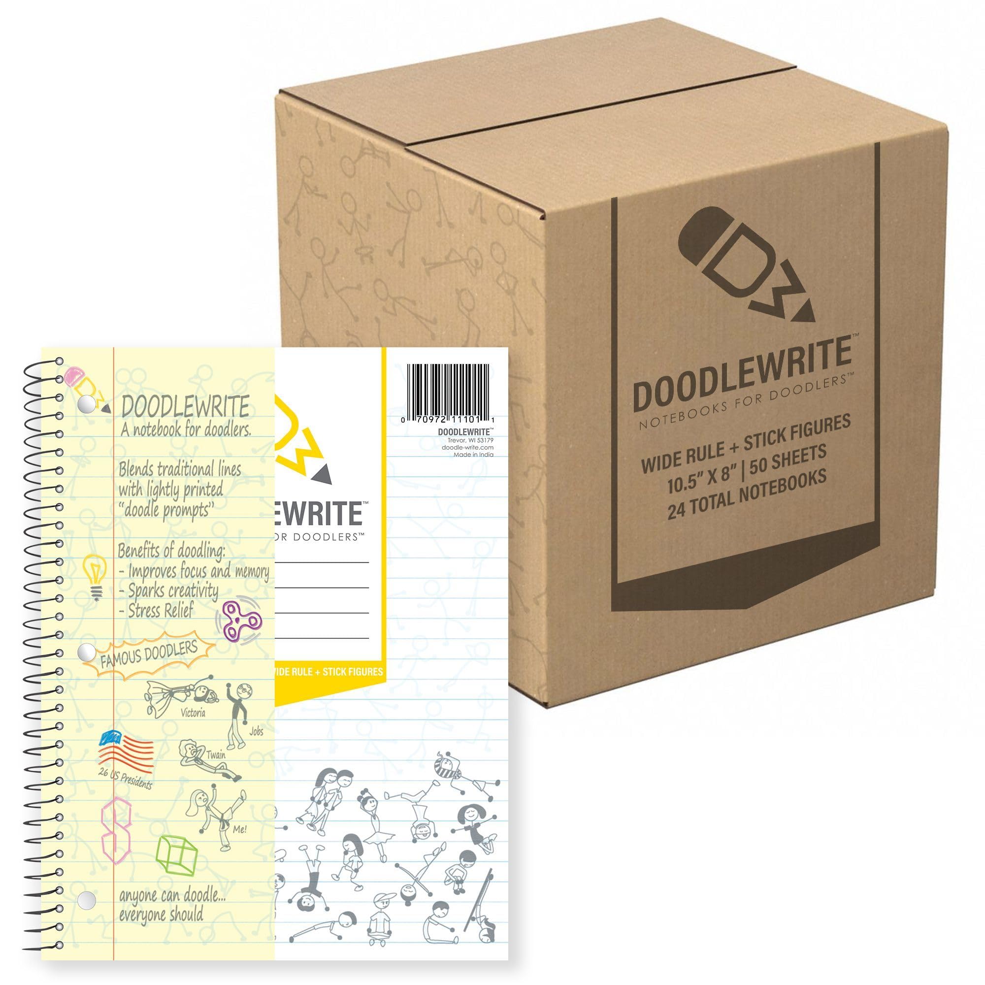 Premium Wide Ruled Spiral Notebook with Doodle Prompts - 10.5