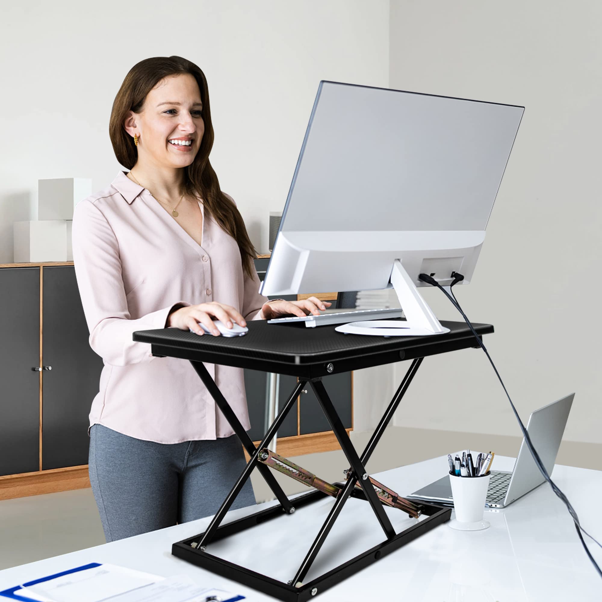 Ergonomic Standing Desk Converter - Height Adjustable Stand Up Desk Riser for Home & Office (Black) | Supports 300 lbs, Fully Assembled Monitor/Laptop Workstation | Perfect for Remote Work, Gaming & Productivity