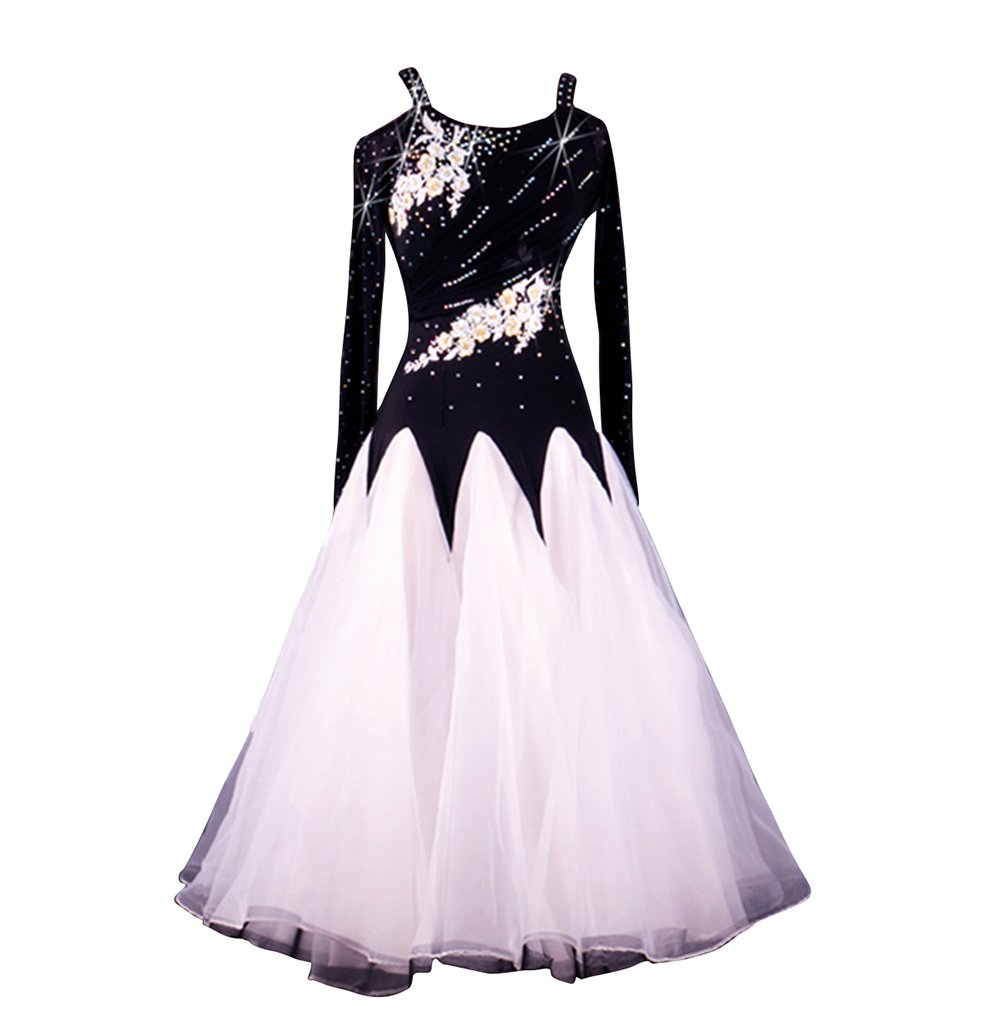 Elegant Women's Modern Waltz Tango Smooth Ballroom Dance Dress - Standard Competition Ballroom Gown (Size S) Black & White - Perfect for Dance Competitions, Performances & Social Dancing Events