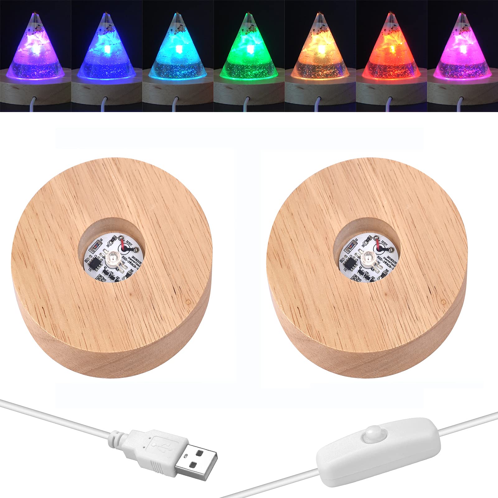 YAKAMOZ 2-Pack Round Wooden LED Display Stand for Laser Crystal Glass & Resin Art - No Light Control Included - Perfect for Home Decor, Gift Showcase, and Art Exhibition Displays