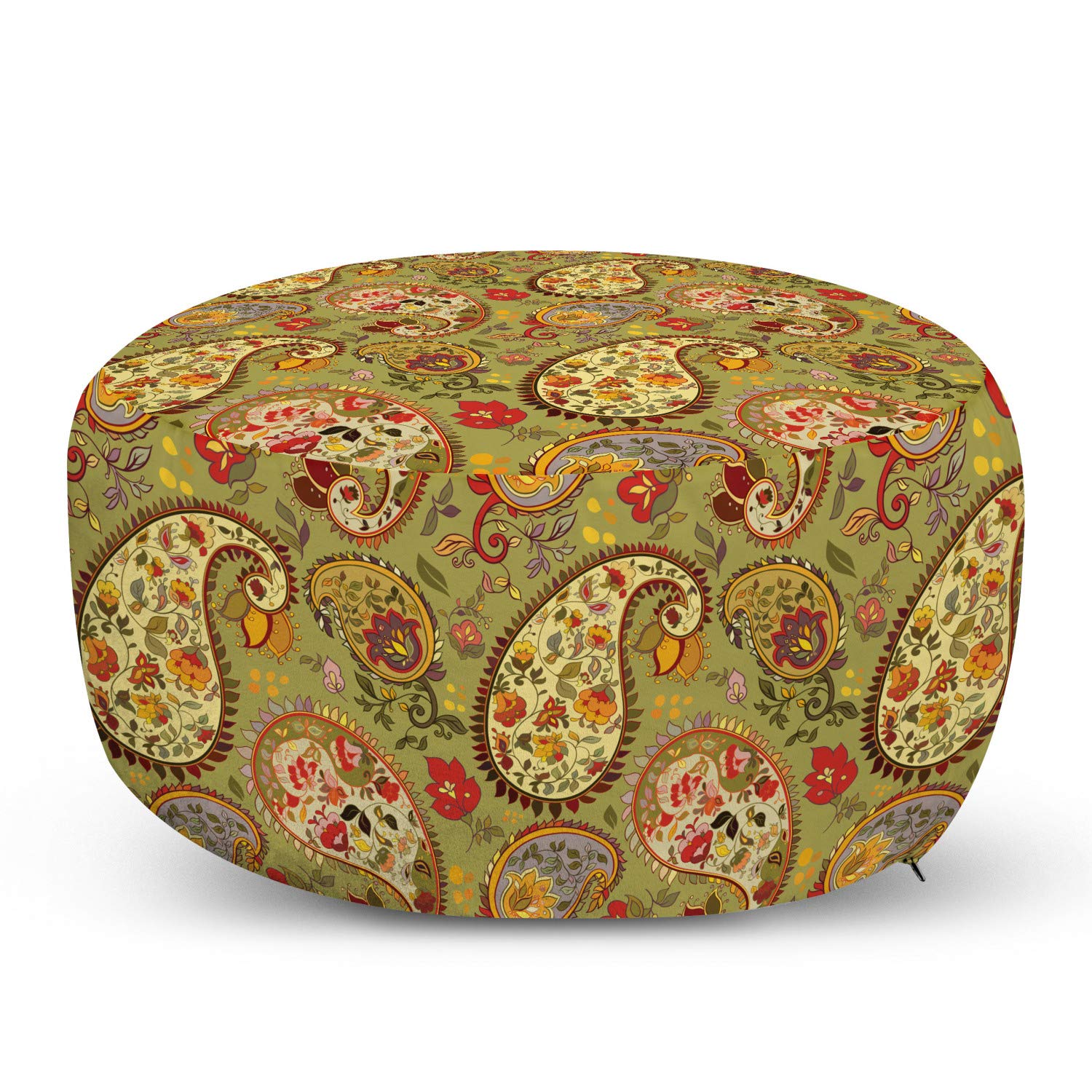Ambesonne Paisley Ottoman Pouf - Colorful Eastern Oriental Persian Inspired Pattern on Green Background, Decorative Soft Foot Rest with Removable Cover for Living Room, Bedroom & Dorm - Multicolor Boho Home Decor Accent Piece | Perfect for Relaxing, Reading Nook or Extra Seating