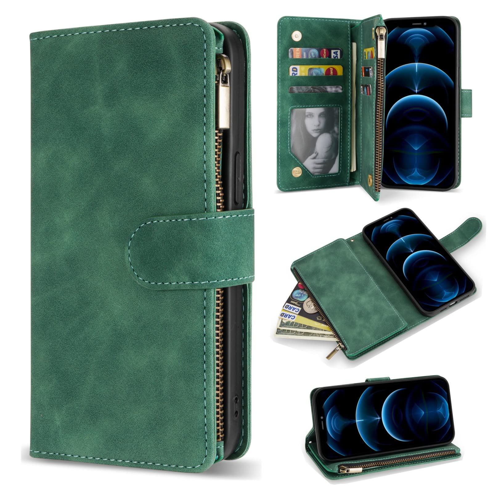 Premium Soft PU Leather Zipper Flip Folio Wallet Case for iPhone 12 Pro Max (6.7 inch) - Card Slots, Wrist Strap & Kickstand | Slim Protective Cover for Daily Use, Travel & Business (Green)