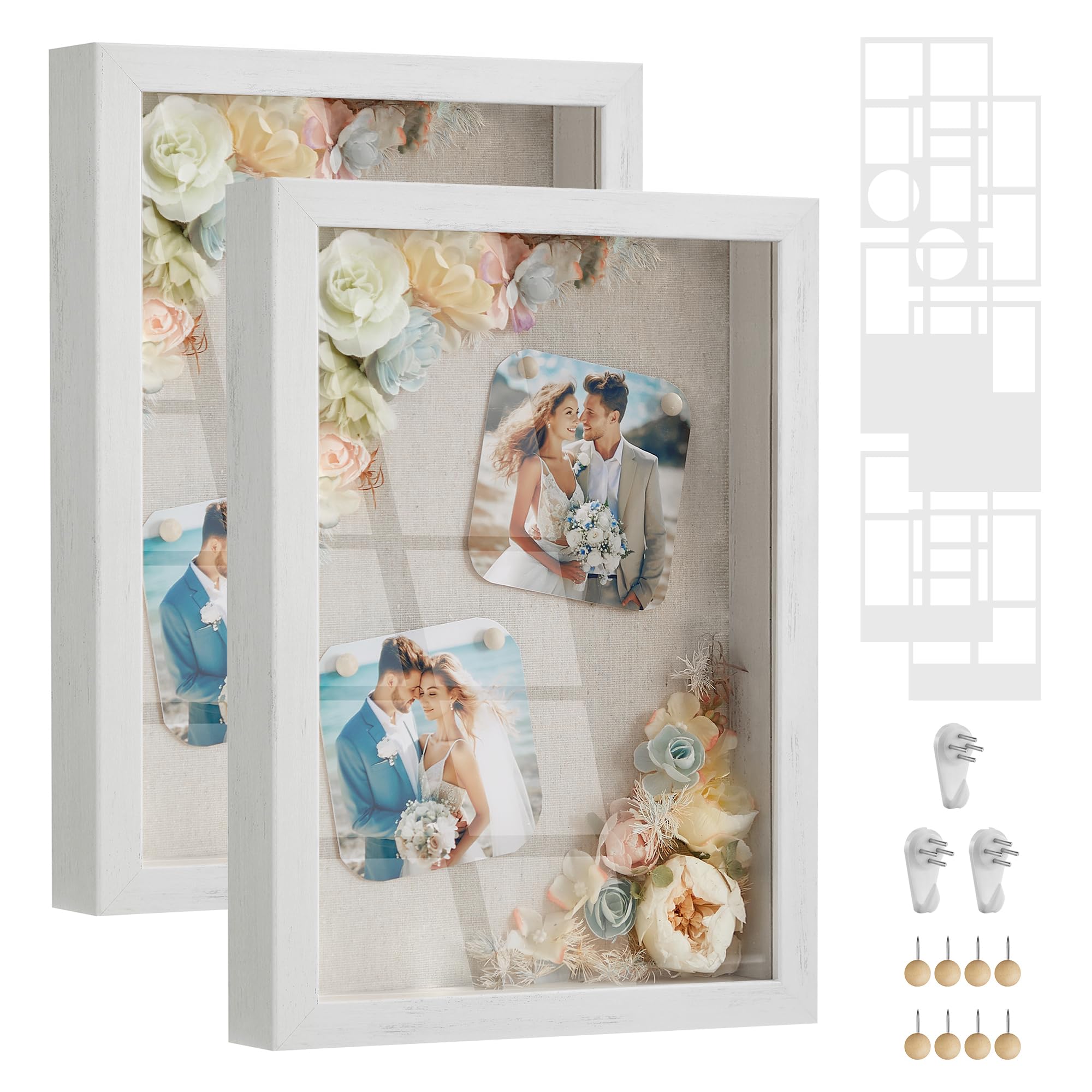 SONGMICS Shadow Box Frame Set of 2 - 1.3 Inch Deep Memory Display Case for Desk & Wall Decor - Rustic White Photo Frame with 8 Wood Push Pins, 6 Mats & 3 Non-Trace Nails - Perfect for Home Office, Nursery Decor & Gift Giving