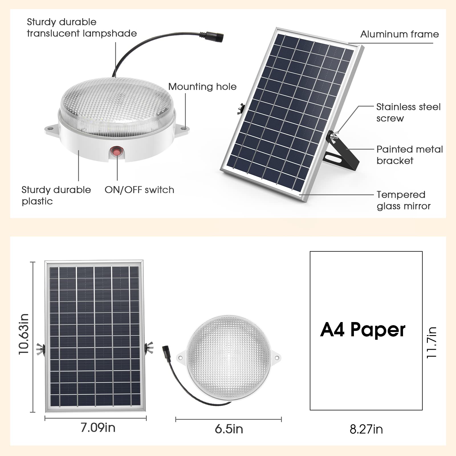 Solar Ceiling Light - Waterproof Dimmable LED Light (6000K/4000K/3200K) with Remote Control & On/Off Switch - Indoor Outdoor Barn Lighting for Garage, Shed, Chicken Coop, Patio & Backyard - Energy Efficient Solar Powered Lighting Solution