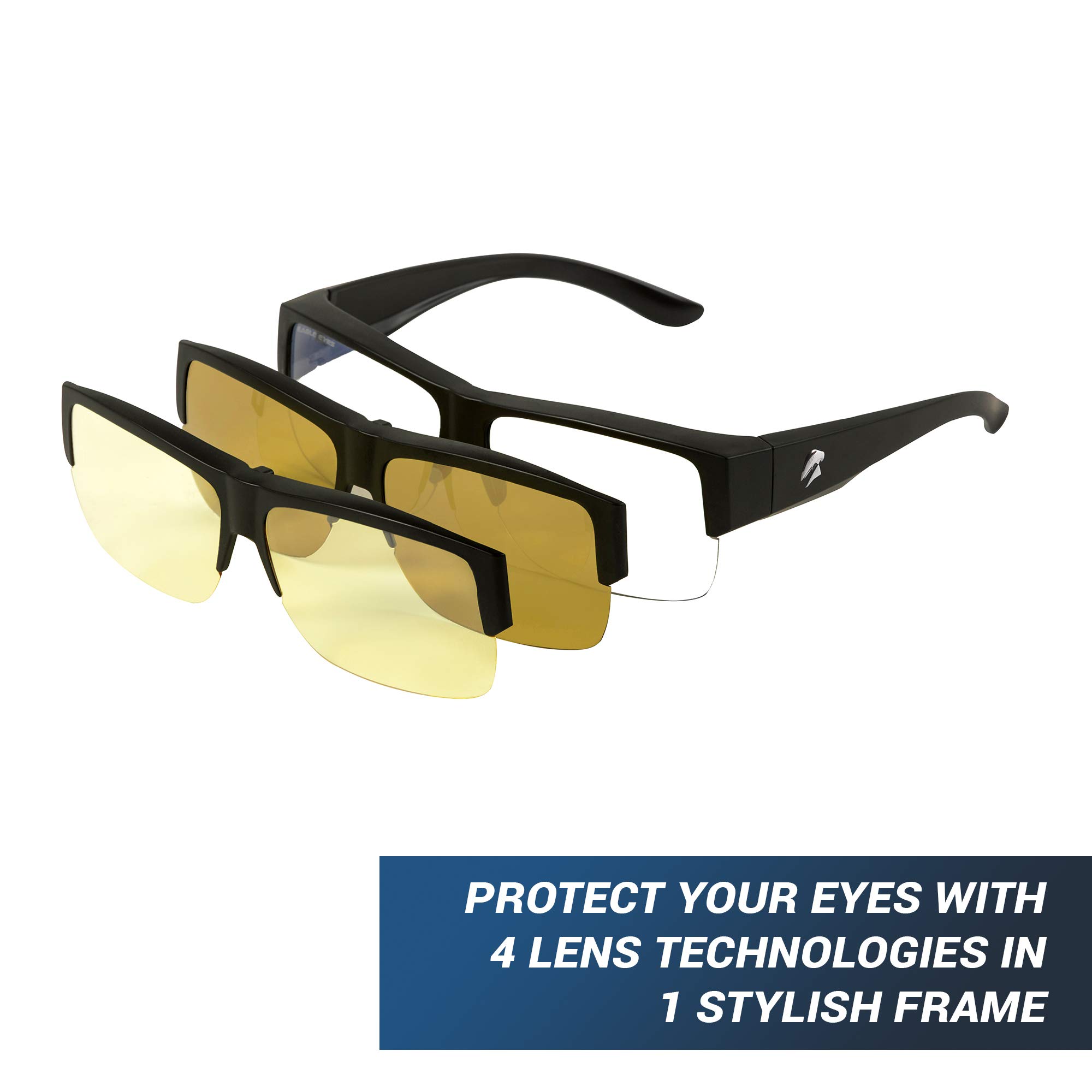 Eagle Eyes 3-in-1 Clip-On Glasses Kit with Day, Night & Digital Light Lenses - Perfect for Reading, Driving & Screen Use