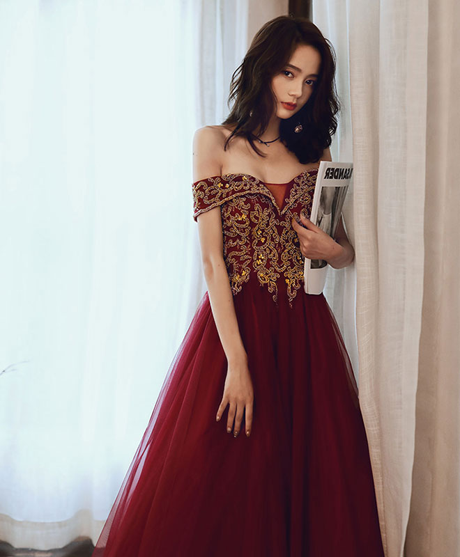 Elegant Burgundy Tulle Sequin Off-Shoulder Long Prom Dress for Evening Gala & Formal Events - Perfect for Homecoming, Wedding, and Special Occasions