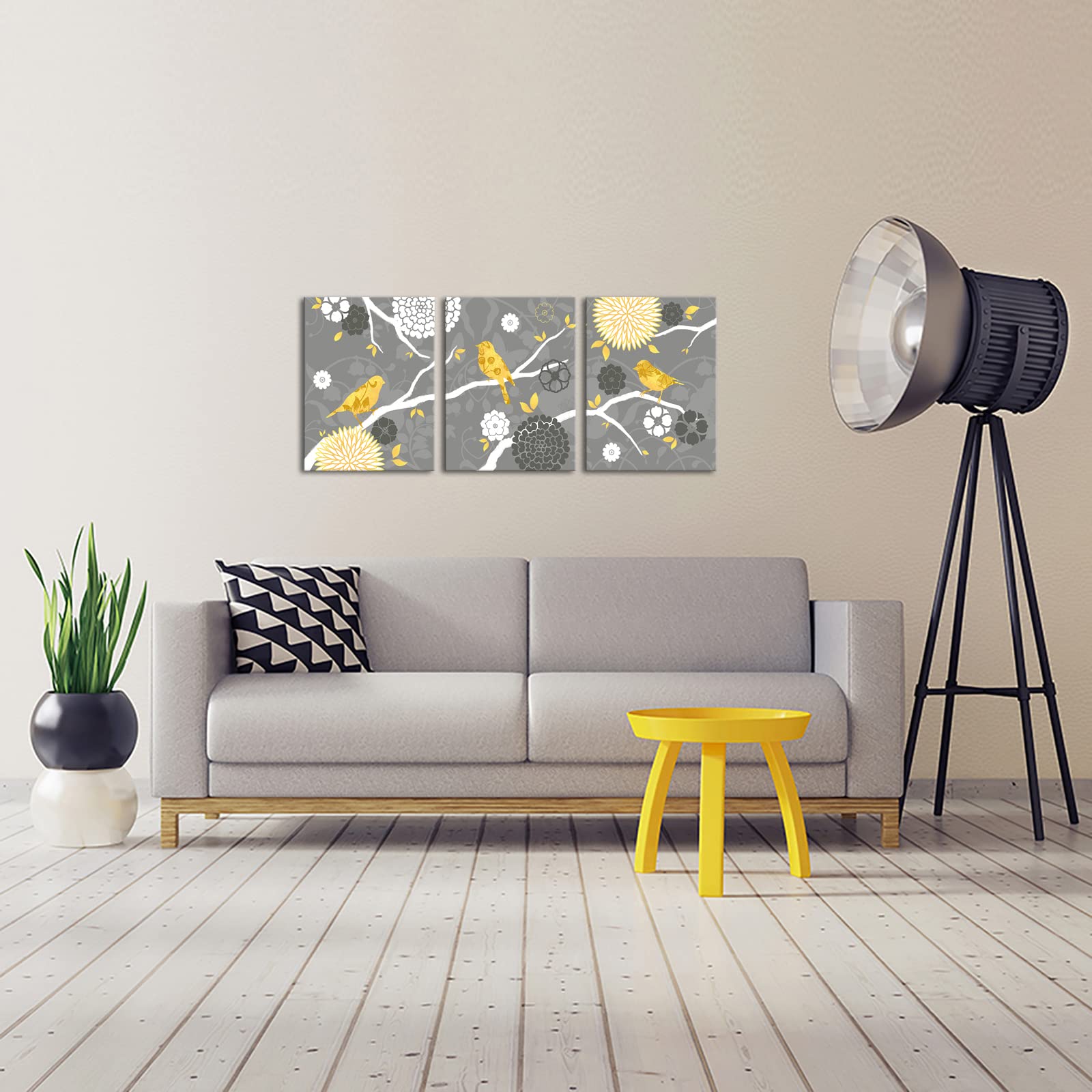 Yellow Birds Canvas Art - Yellow & Grey Wall Decor with Bird & Flower Painting - Framed Picture Artwork for Kitchen, Bedroom, Living Room | Perfect for Home Decor & Gift Giving