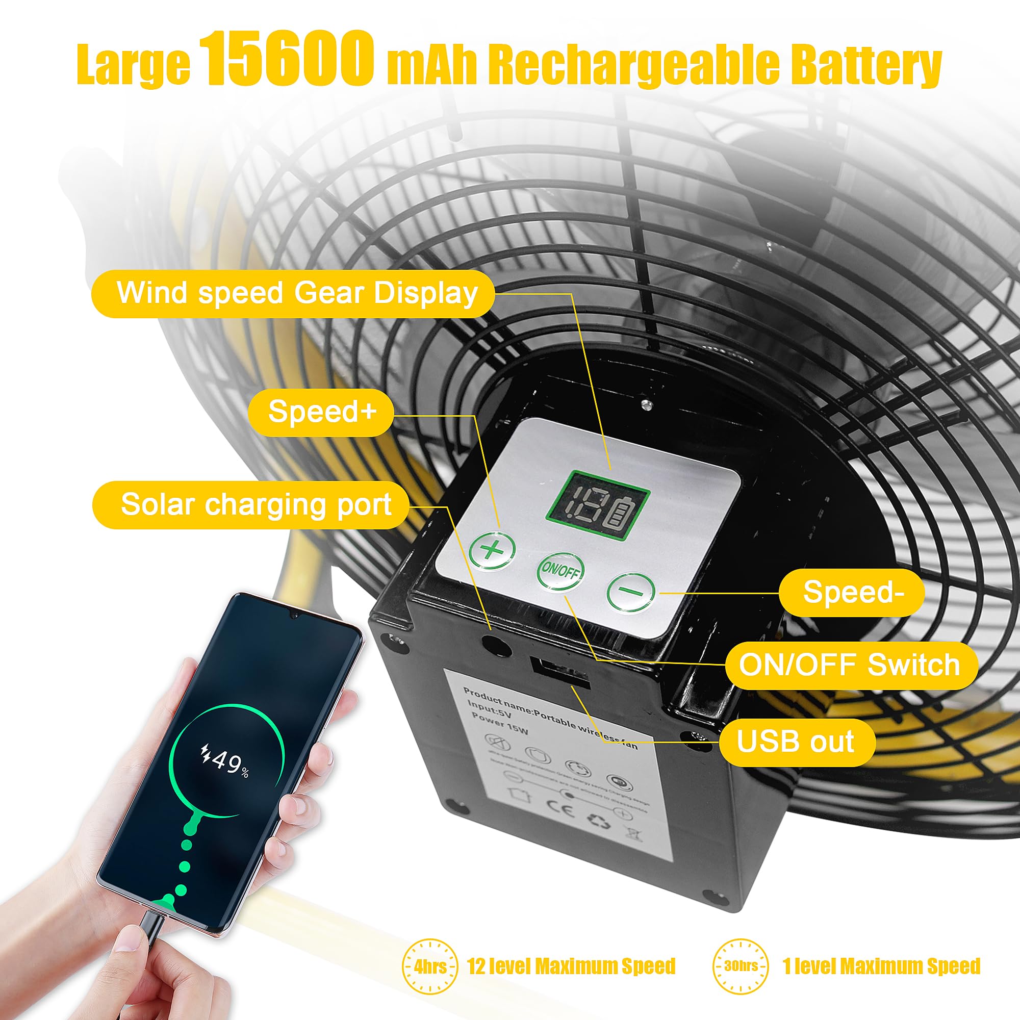 14 Inch Portable Rechargeable Fan with 15600mAh Battery & Solar Panel - 360° Adjustable Camping Fan for Outdoor, Travel, Chicken Coop, Dog House, Shed & Greenhouse - Perfect for Camping Trips, Backyard Cooling & Pet Comfort