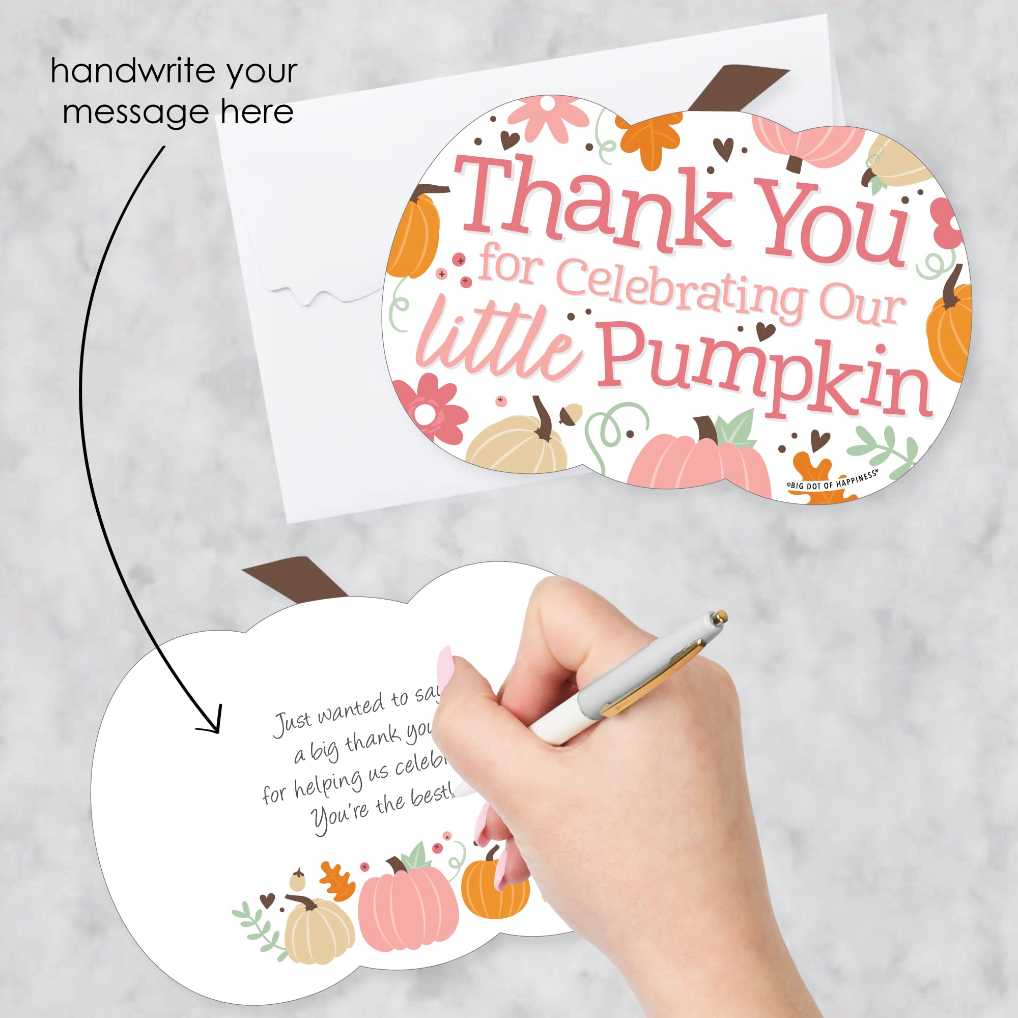 Big Dot of Happiness Little Pumpkin-Shaped Thank You Cards - Set of 12 with Envelopes for Fall Birthday Party, Baby Shower, Thanksgiving & Autumn Celebrations - Cute Girl-Themed Gratitude Notes