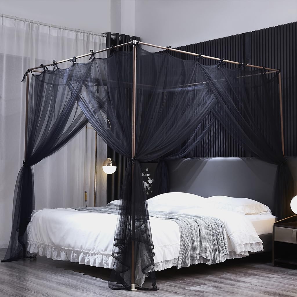 Luxury 4 Corner Post Mosquito Net with Dustproof Top Cover - Queen Size Bed Canopy for Adults & Teens (Black) | Perfect for Bedroom Decor, Romantic Nights & Allergy Protection