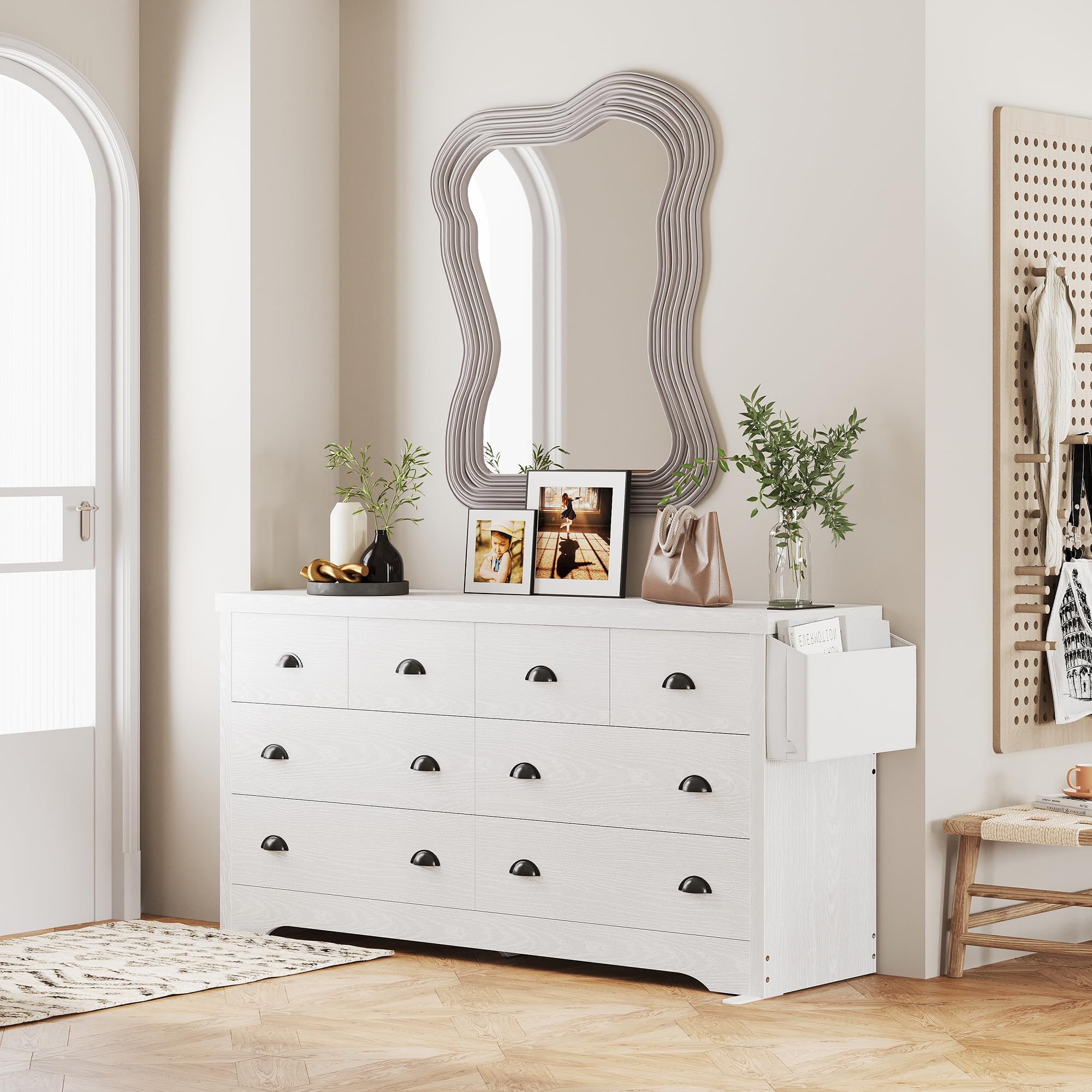 LIKIMIO 8-Drawer Modern Wood Dresser with USB Charging Station & Storage Bag - White Bedroom Chest for Clothes, Entryway Storage & Living Room Organization