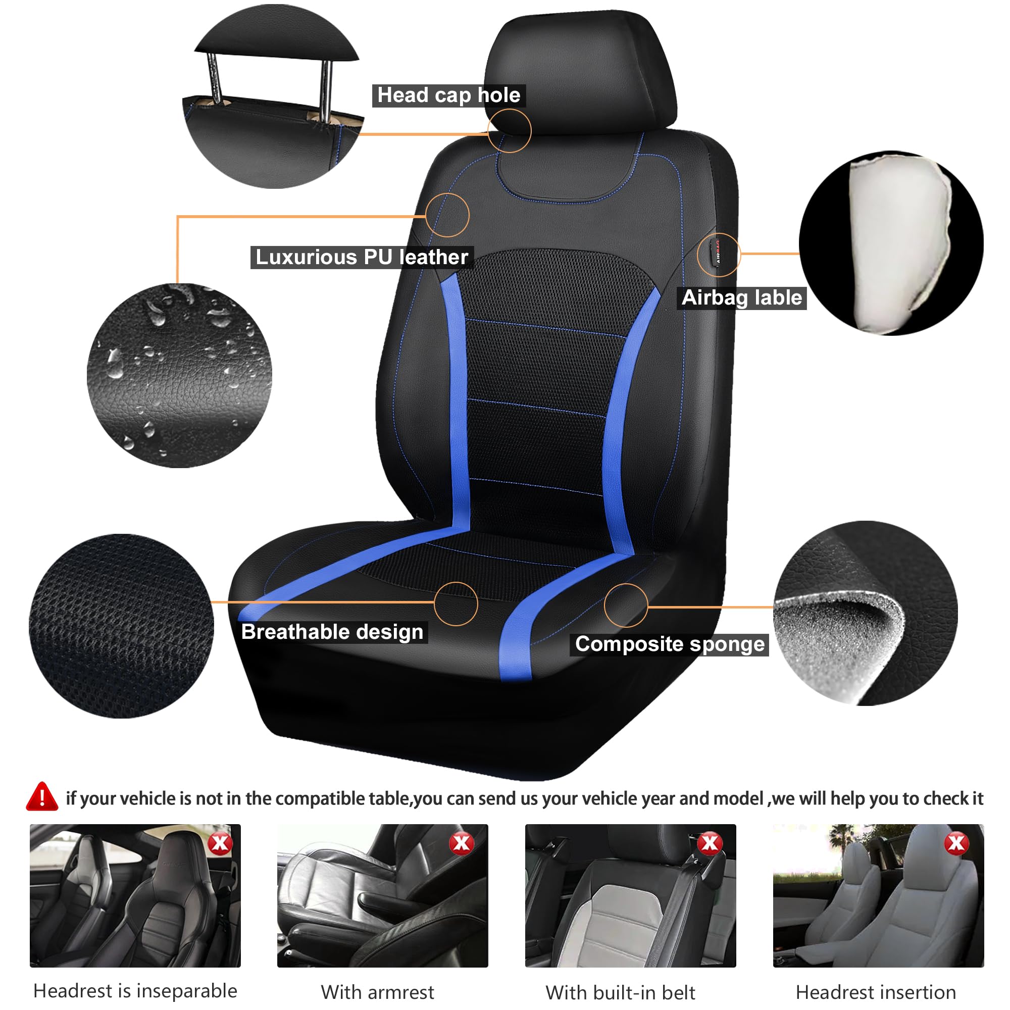 CAR-GRAND Breathable 3D Air Mesh Car Seat Covers Full Set - Universal Leather Seat Protectors with Airbag Compatibility for Cars, SUVs & Trucks (Black/Blue) | Sporty Style for Comfort & Protection During Commutes, Road Trips & Daily Driving
