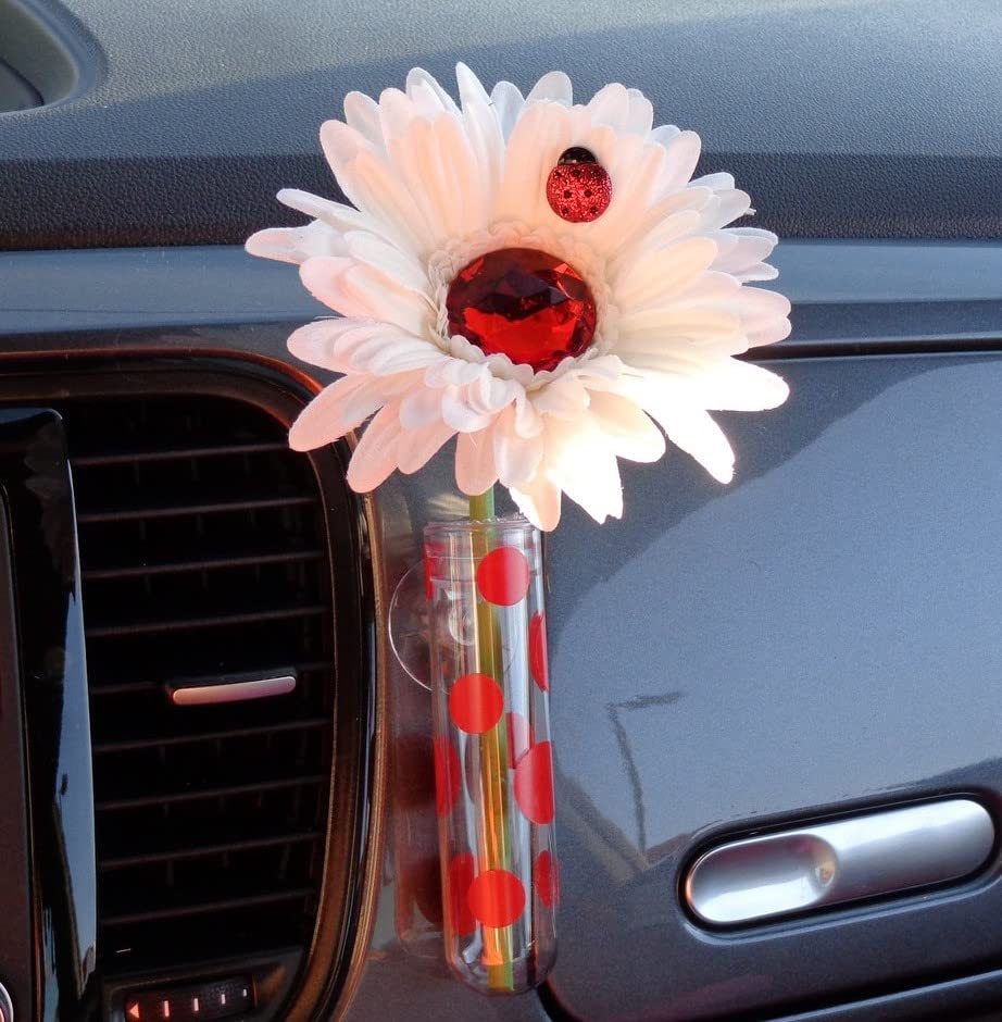 VW Beetle Flower Decoration - White and Red Rhinestone Daisy with Suction Cup Vase for Car Dashboard, Home, Office Desk Decor