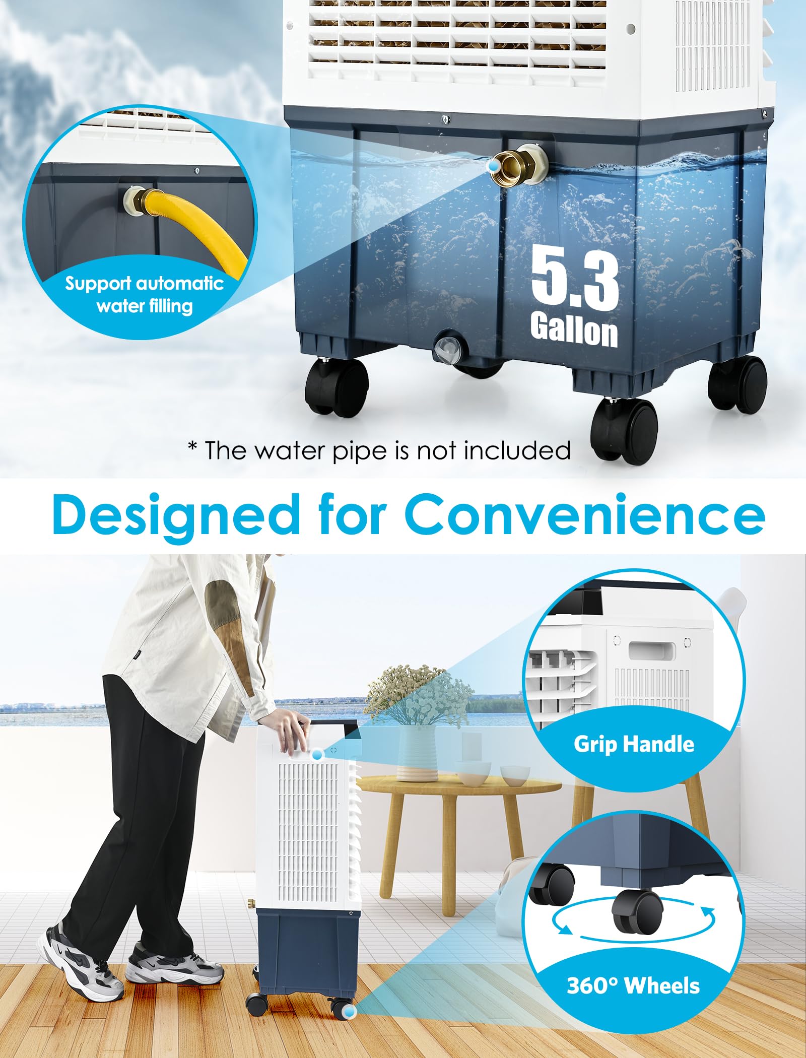 1800 CFM Evaporative Air Cooler with 5.3 Gal Tank - 3 Speed, 110° Swing, Remote & Timer - Portable Swamp Cooler for Indoor, Outdoor, Patio, Garage, Bedroom & Office Cooling - Gray