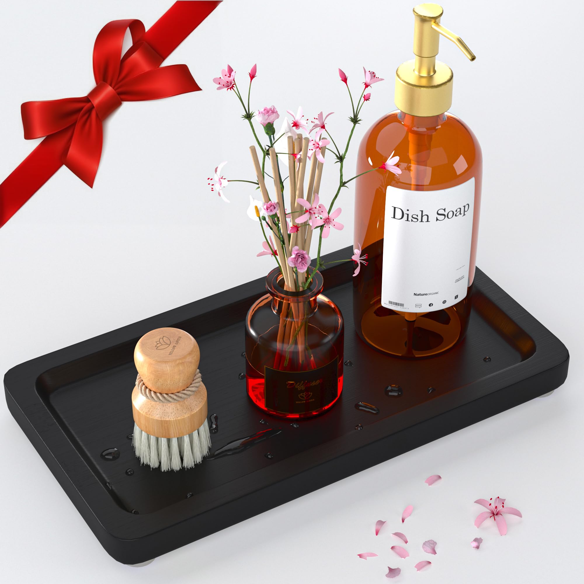 Black Bathroom Tray - Small Matte Black Bamboo Wood Tray for Vanity, Coffee Table & Counter Decor | 9 Inch Perfume Organizer & Cologne Display | Perfect for Bathroom, Bedroom & Living Room Organization