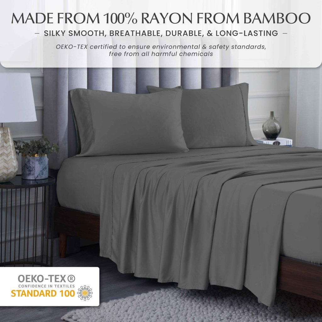 300 Thread Count Rayon From Bamboo Solid Deep Pocket Sheet Set - Ultra Soft & Breathable Bed Sheets for Queen Size Mattress - Perfect for All-Season Comfort & Luxury Bedroom Decor