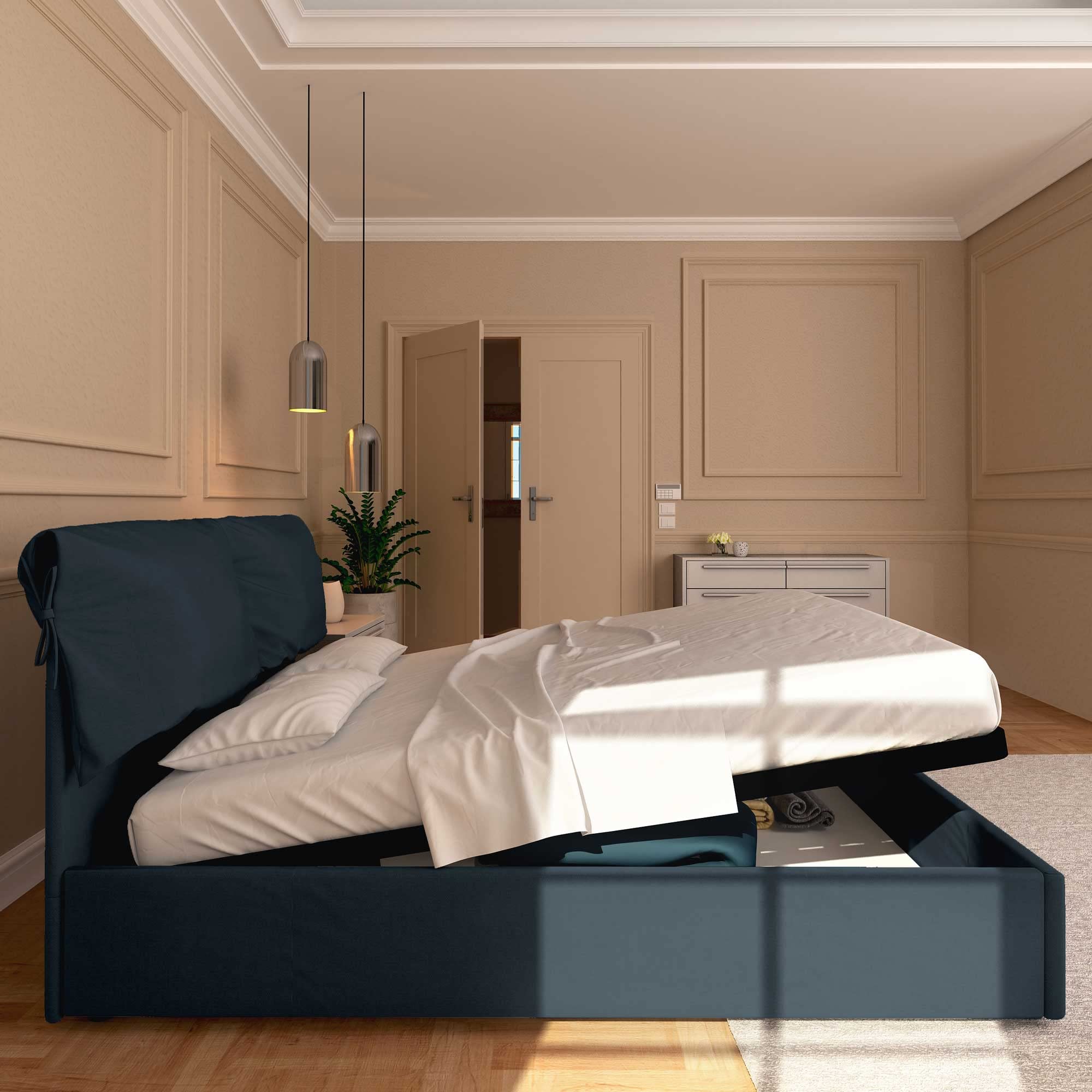 Baldiflex Single Bed with Storage - Licia Soft Synthetic Leather Upholstery, Slatted Base for Single Mattresses, 160 x 200 cm, Padded Headboard, Night Blue - Perfect for Small Bedrooms, Guest Rooms & Studio Apartments