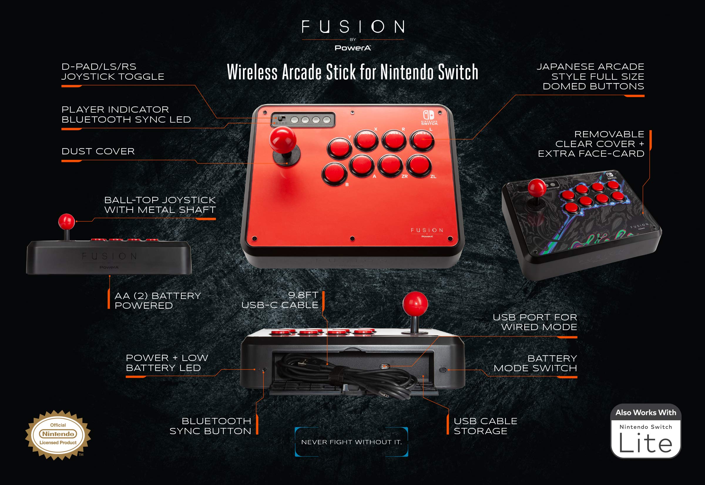 PowerA FUSION Wireless Arcade Fight Stick for Nintendo Switch & Switch Lite - Bluetooth Game Controller with 8-Way Joystick & Programmable Buttons - Perfect for Fighting Games, Retro Gaming & eSports Tournaments