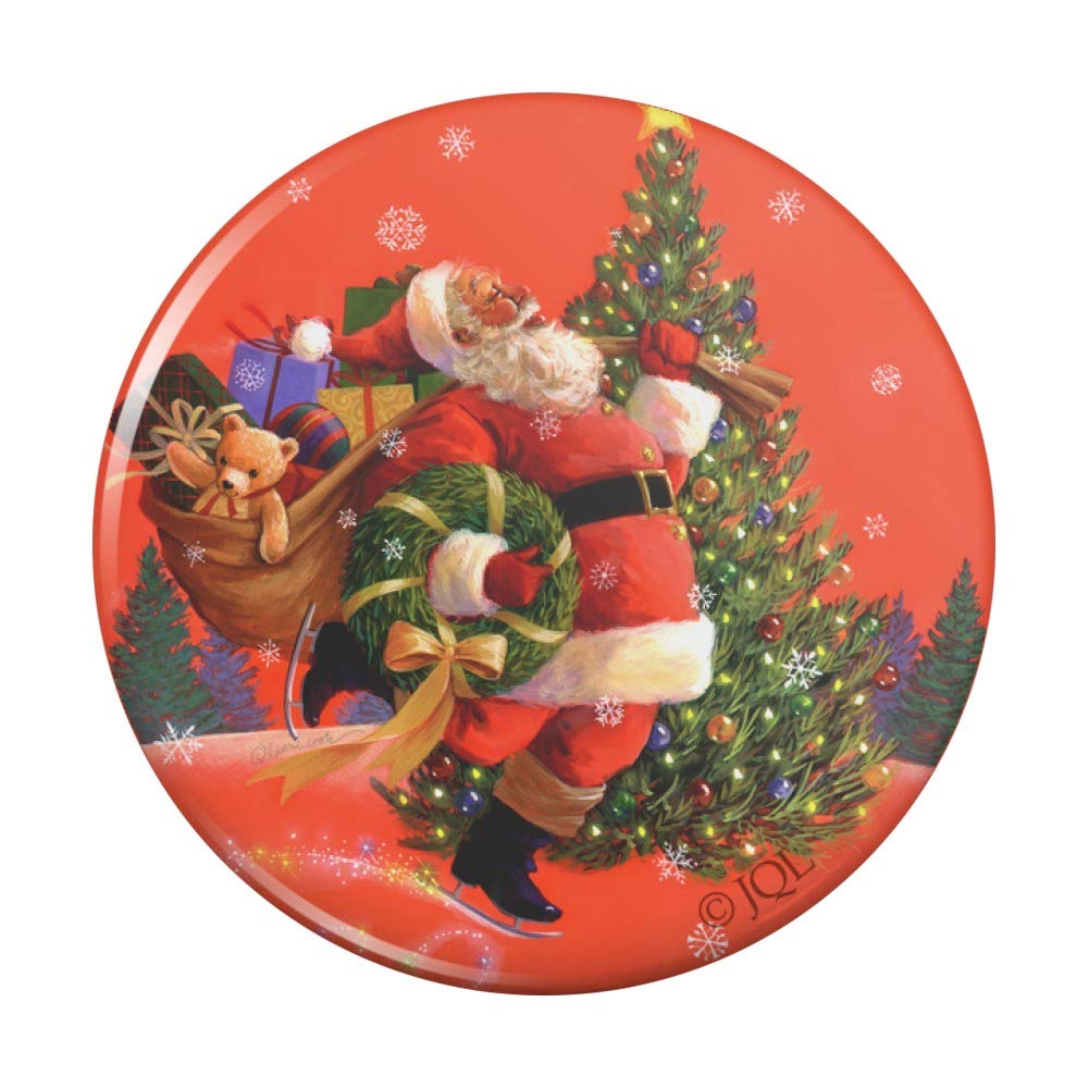 Santa Skating Christmas Tree Pinback Button - Festive Holiday Badge for Xmas Decor, Gifts & Collectibles - Perfect for Christmas Parties, Stocking Stuffers & Ornament Displays
