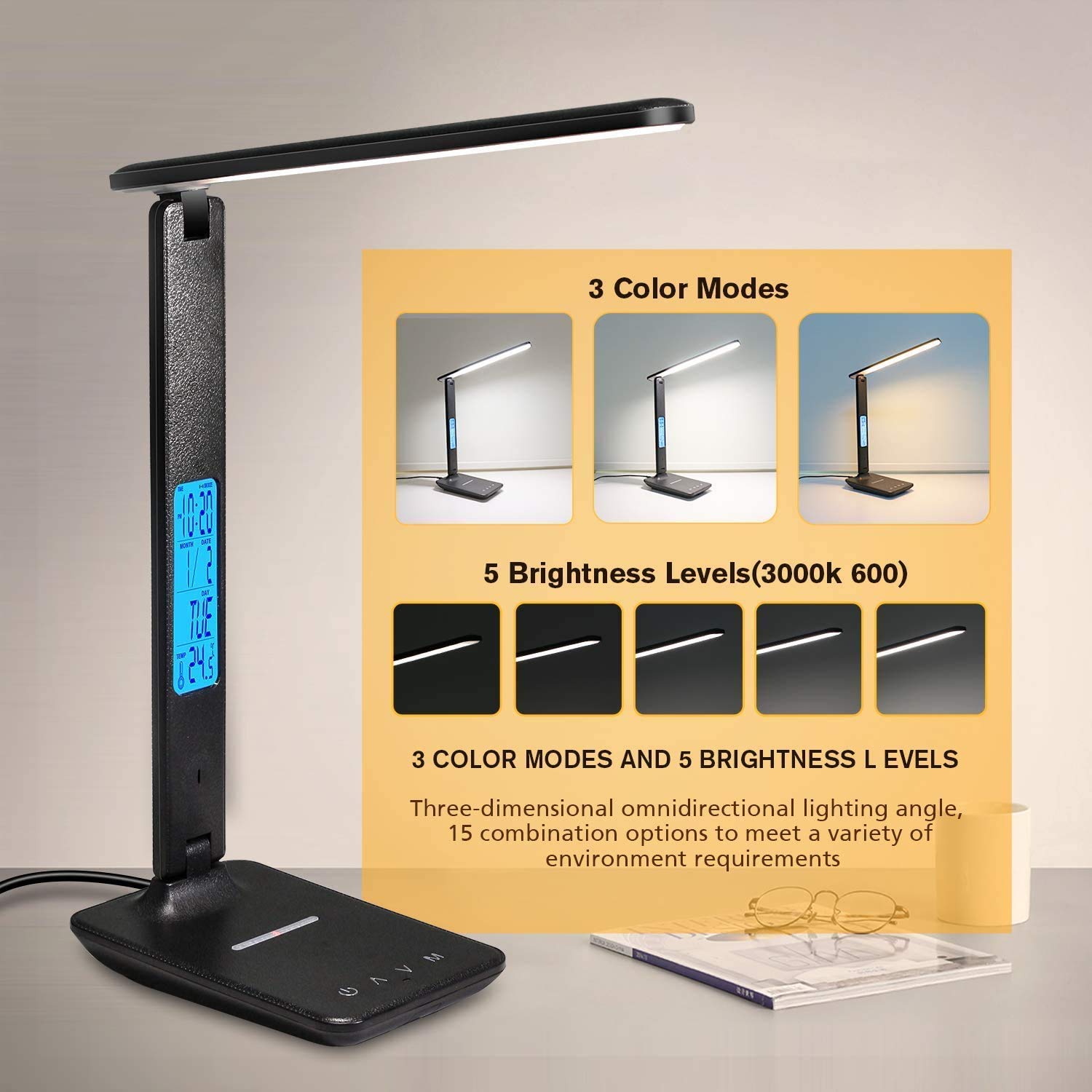 Adjustable LED Desk Lamp with Wireless Charger & USB Port - Foldable Table Lamp with Clock, Alarm, Date Display - 5-Level Dimmable Lighting for Home Office, Study, Reading & Working (Black) | Perfect for Nightstands, Dorm Rooms & Workspaces