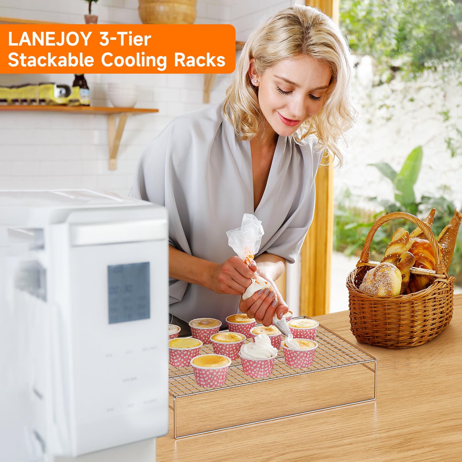 3-Tier Stackable Stainless Steel Cooling Rack for Baking Cookies, Cakes & Bread - Oven & Dishwasher Safe (16.5 x 11.5 x 3.3 Inches) - Perfect for Kitchen Countertop, Pastry Cooling & Meal Prep