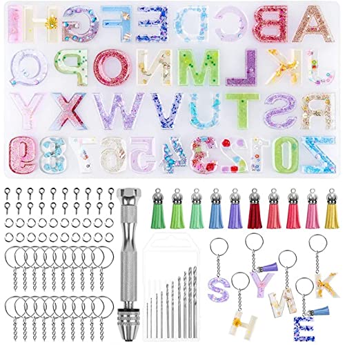 ALINREDBX 34-Piece Alphabet & Number Silicone Resin Molds for DIY Keychains, Jewelry Making - Includes Keychain Tassels & Pin Vise Set - Perfect for Epoxy Casting, DIY Crafts, and Personalized Gifts
