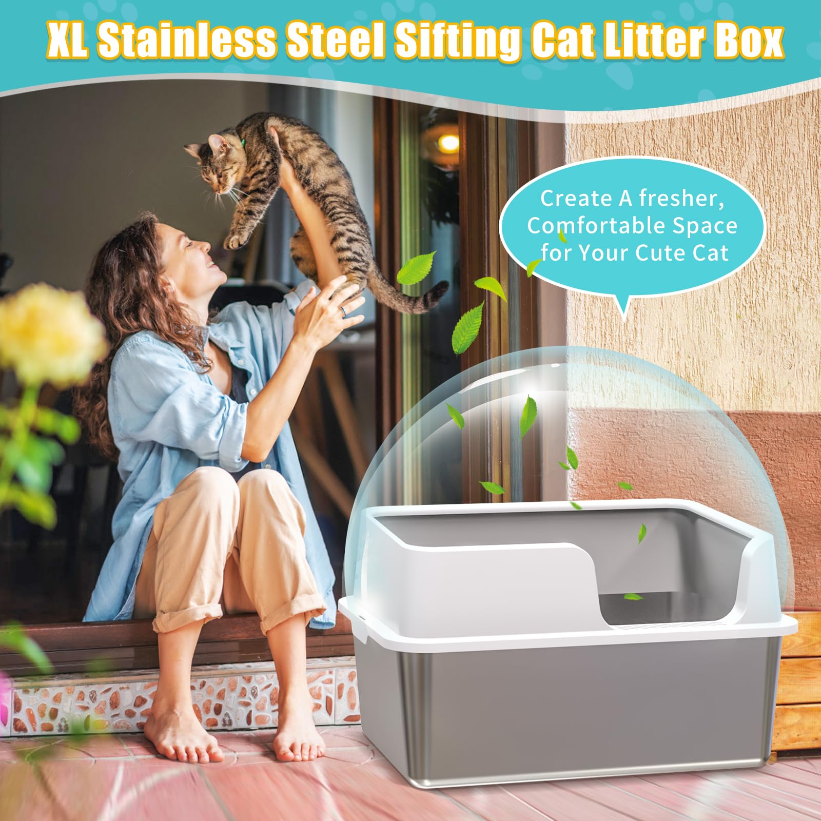XL Stainless Steel Sifting Cat Litter Box with Sifting Tray & Bottom Pan - High Sided, No Mess, Odor Control, Easy Clean Metal Litter Box with Scoop & 10 Liners - Perfect for Multi-Cat Homes & Odor-Sensitive Spaces