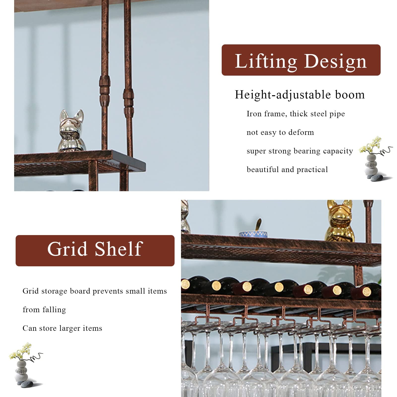 2-Tier Hanging Wine Rack for Ceiling - Retro Wine Bottle & Glass Holder Storage Shelf (80x30cm) - Perfect for Kitchen, Home Bar & Stemware Organization
