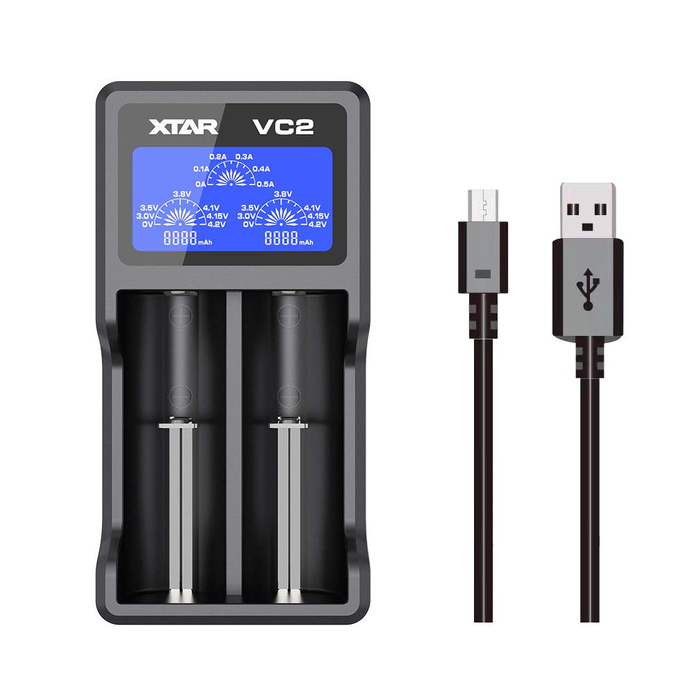 XTAR VC2 2-Bay Smart Battery Charger for 3.6V/3.7V Li-ion IMR INR ICR 10440 18650 26650 Rechargeable Batteries - Fast Charging with LCD Display, Perfect for Flashlights, Vapes, and Electronic Devices