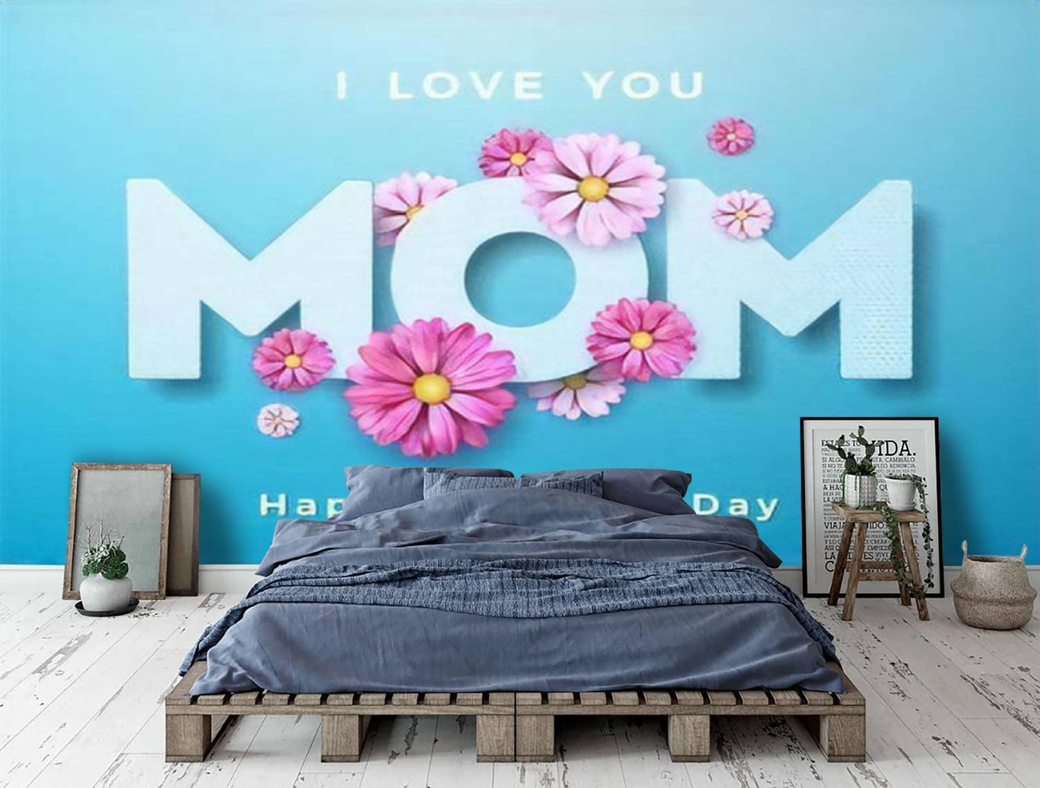 Happy Mother's Day PVC Wallpaper - Floral 'I Love You Mom' Peel and Stick Removable Wall Mural | Self-Adhesive Home Decor for Living Room, Bedroom | Perfect for Gifts, Nursery, and Wall Decoration