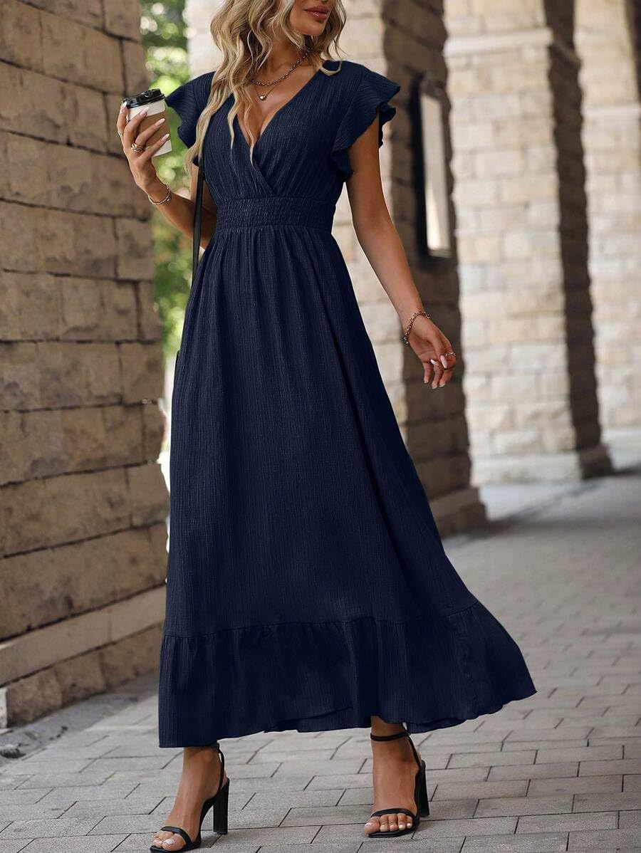 Women's Casual V-Neck Wrap Maxi Dress with Ruffle Sleeves - Flowy High Waist Summer Dress for Beach, Party & Everyday Wear